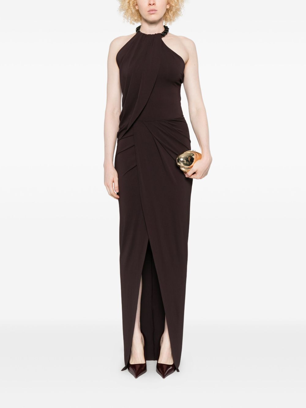 Abito lungo con scollo halter in marrone Amen - donna 