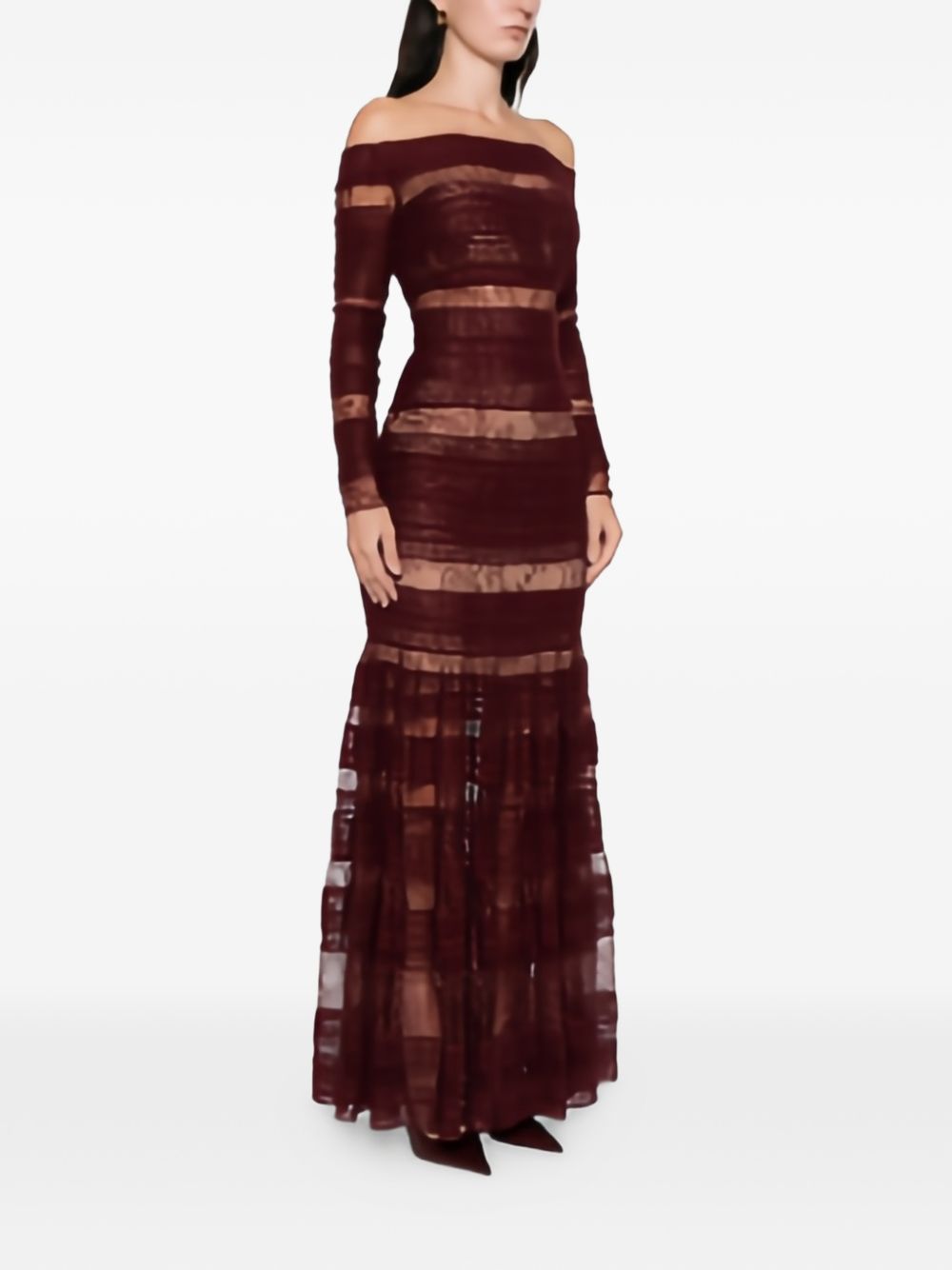 Abito in pizzo con maniche lunghe e spalle scoperte in bordeaux Elie saab - donna 