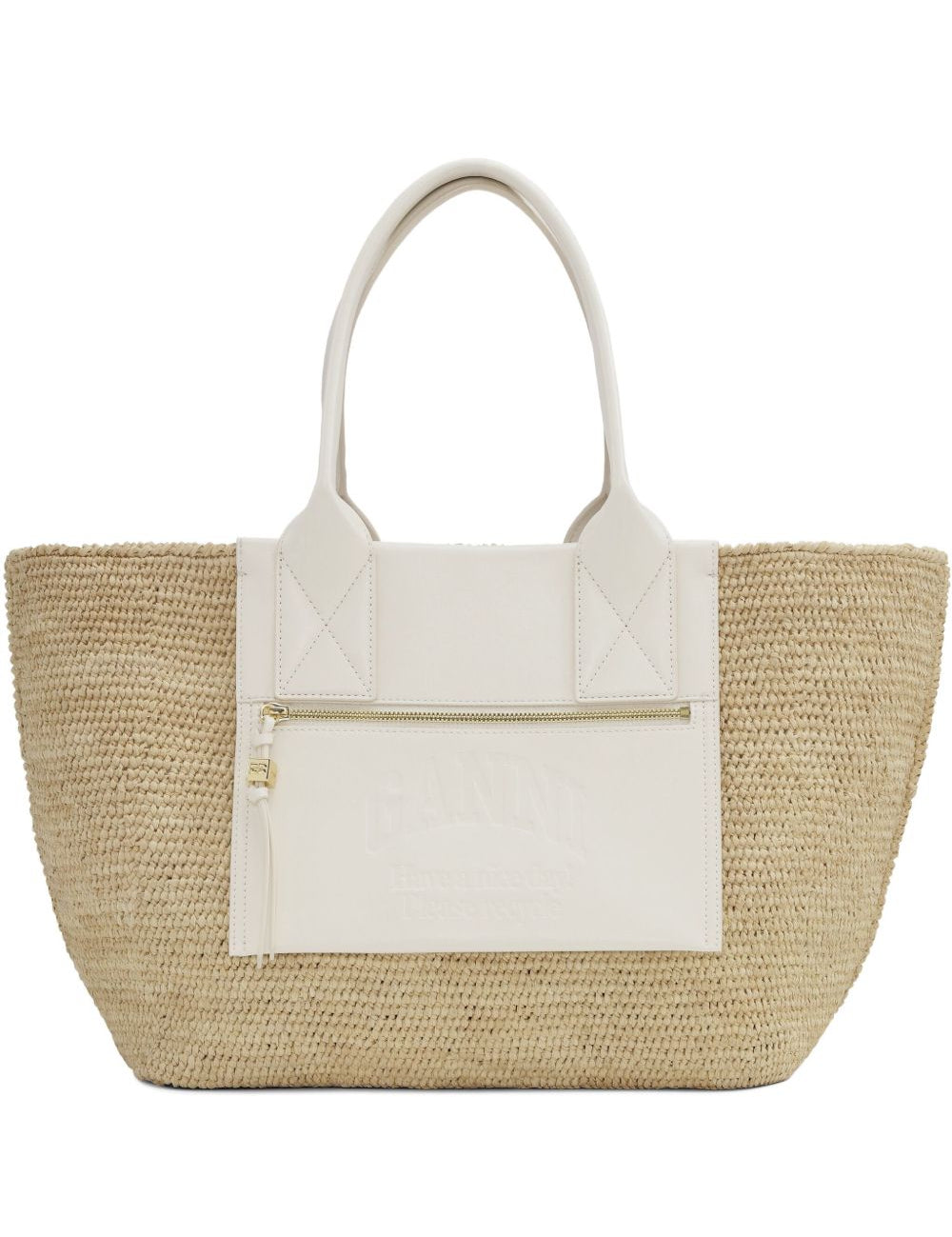Borsa in raffia easy in beige e bianco Ganni - donna 