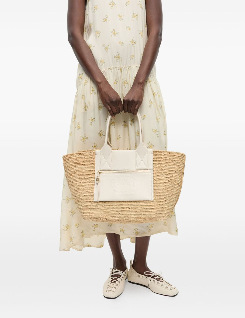 Borsa in raffia easy in beige e bianco Ganni - donna 