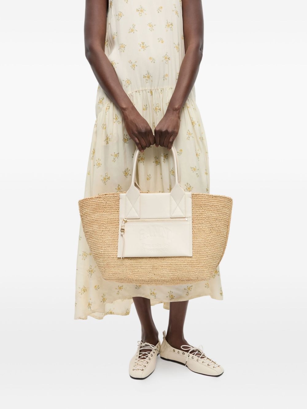 Borsa in raffia easy in beige e bianco Ganni - donna 