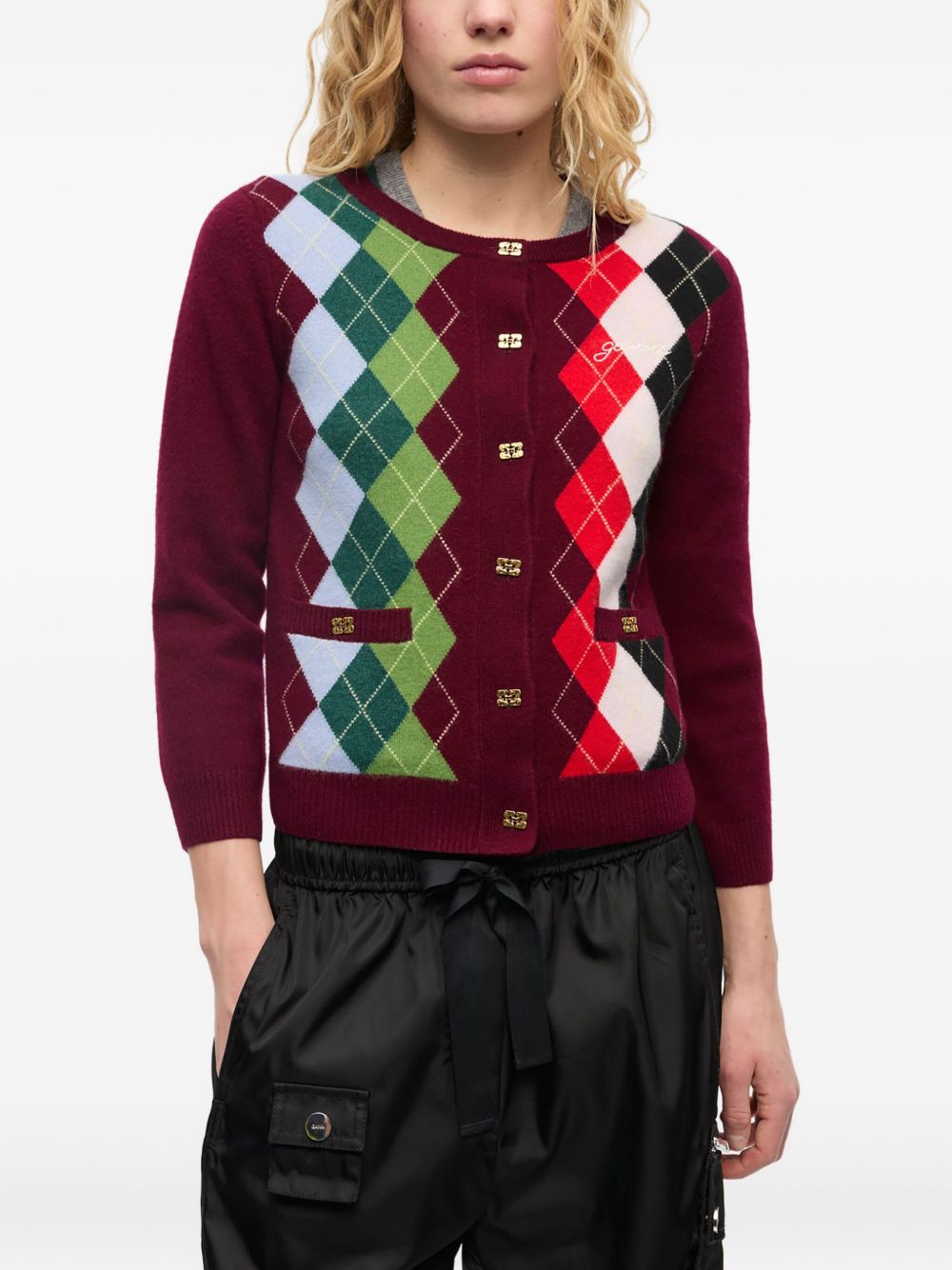 Cardigan a rombi in bordeaux Ganni - donna 