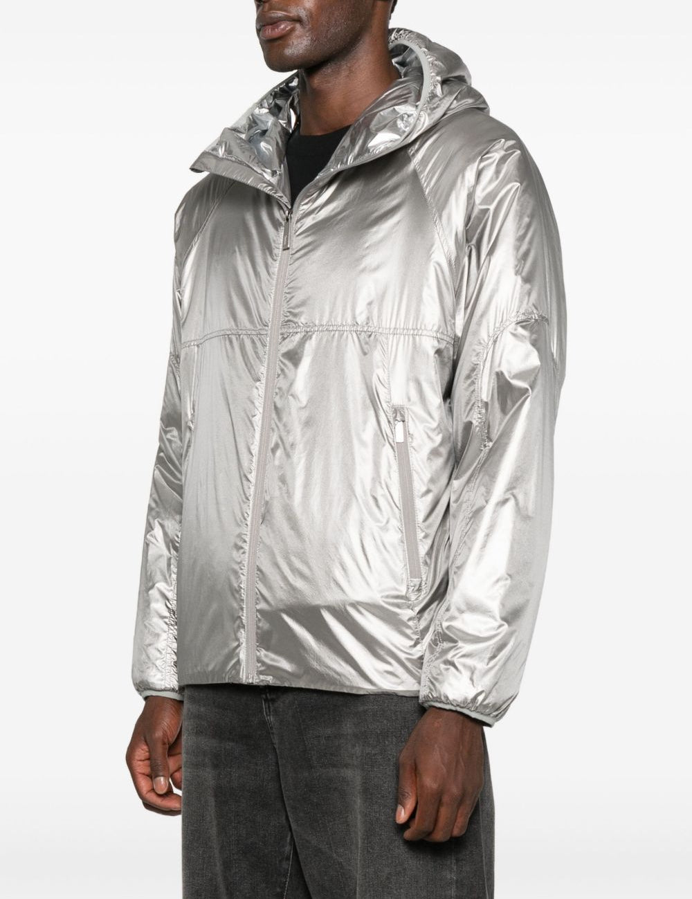 Piumino con cappuccio e zip in argento Laminar - uomo 