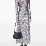 Abito in pizzo con spalle scoperte in grigio e argento  Rabanne - donna 
