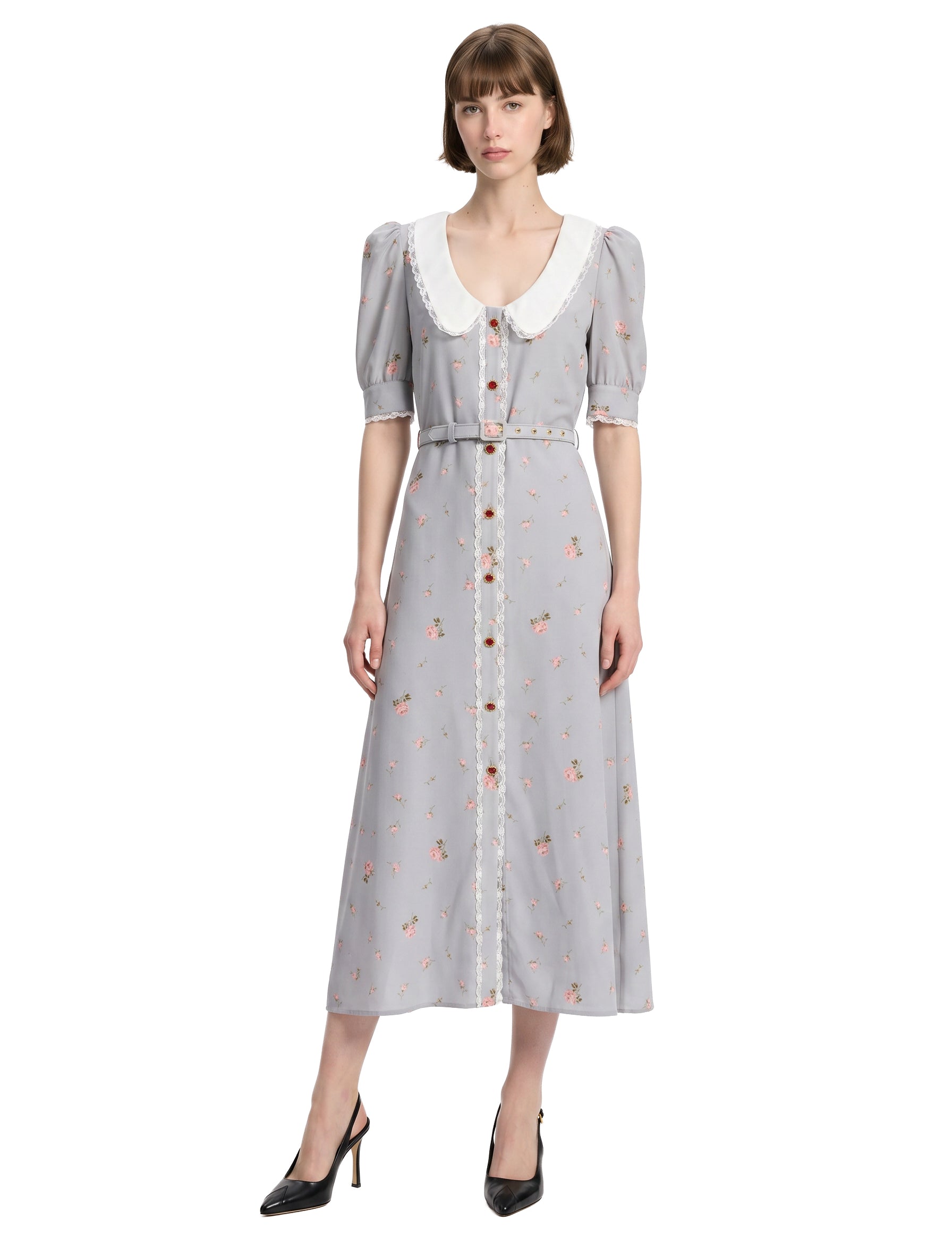 Abito midi con stampa floreale in grigio 
