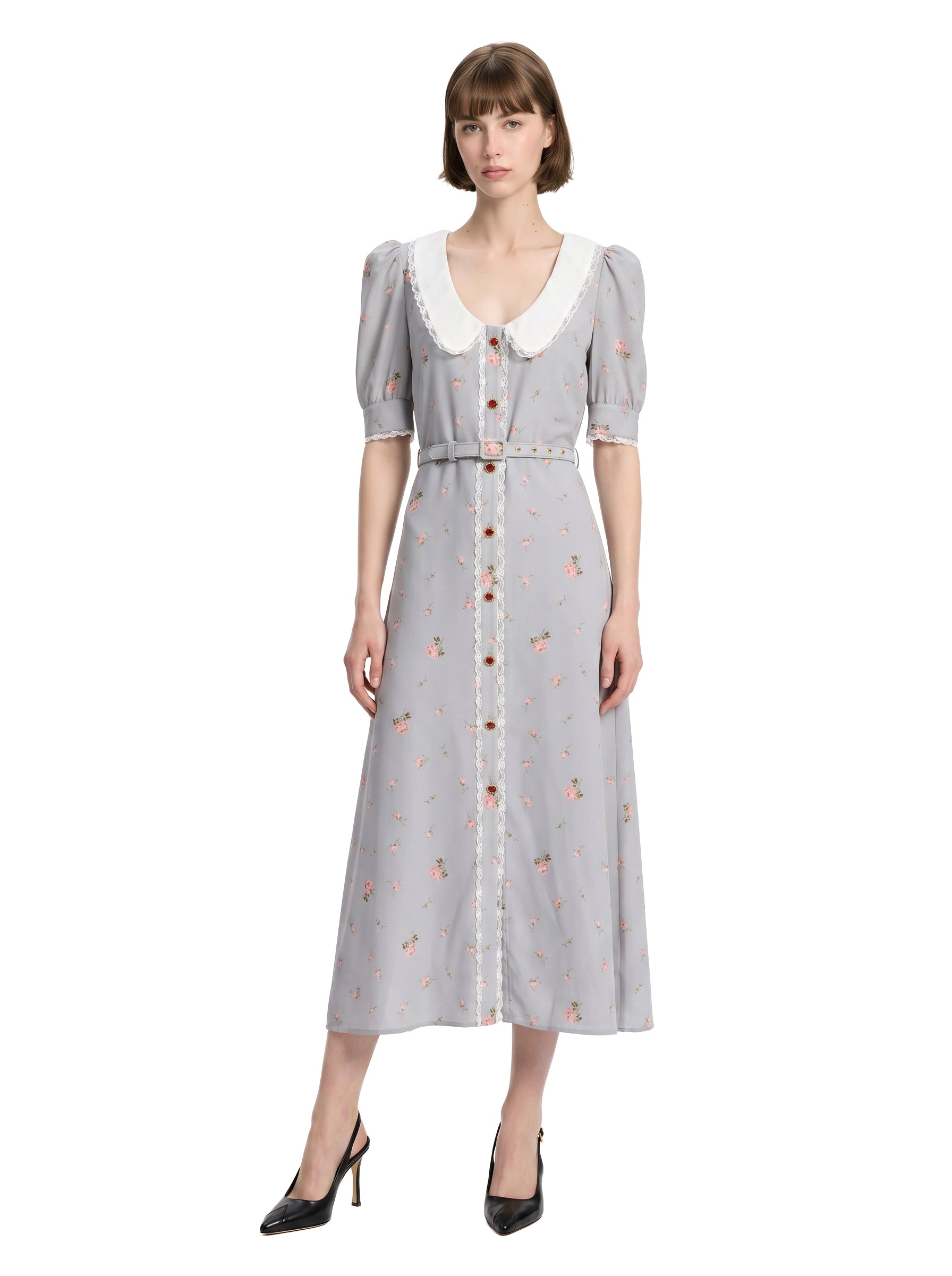 Abito midi con stampa floreale in grigio 