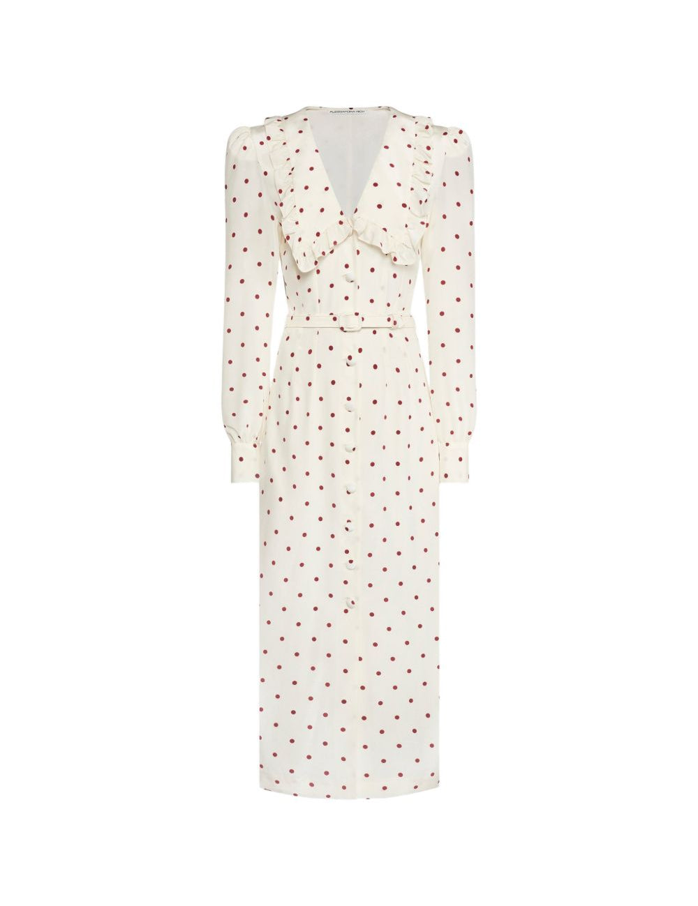 Abito midi in seta a pois con scollo a V in bianco e bordeaux 