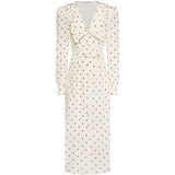 Abito midi in seta a pois con scollo a V in bianco e bordeaux 