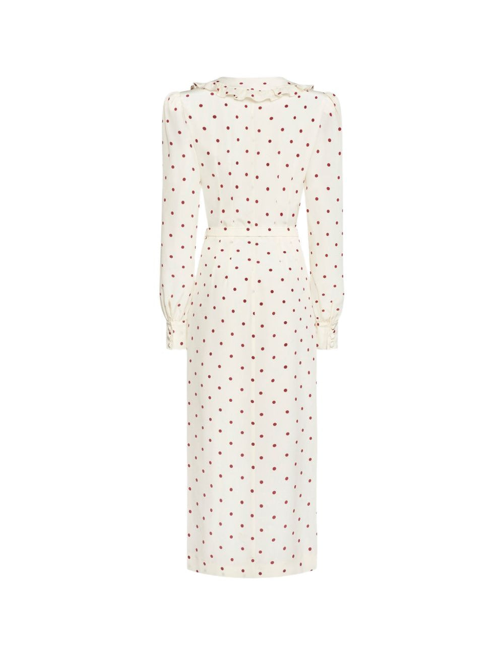 Abito midi in seta a pois con scollo a V in bianco e bordeaux 