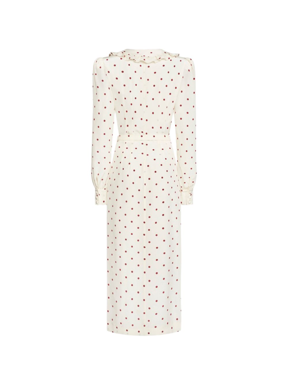 Abito midi in seta a pois con scollo a V in bianco e bordeaux 