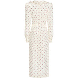 Abito midi in seta a pois con scollo a V in bianco e bordeaux 