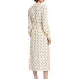 Abito midi in seta a pois con scollo a V in bianco e bordeaux 