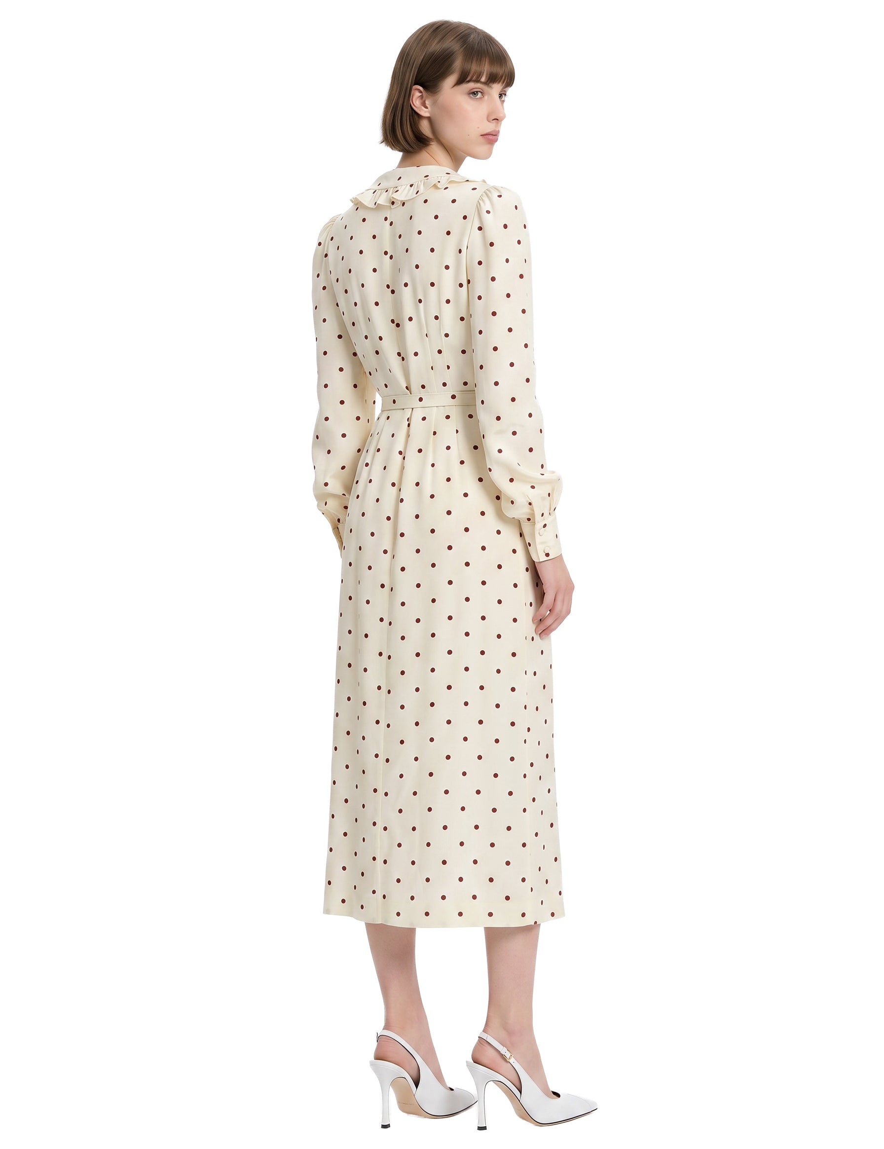 Abito midi in seta a pois con scollo a V in bianco e bordeaux 