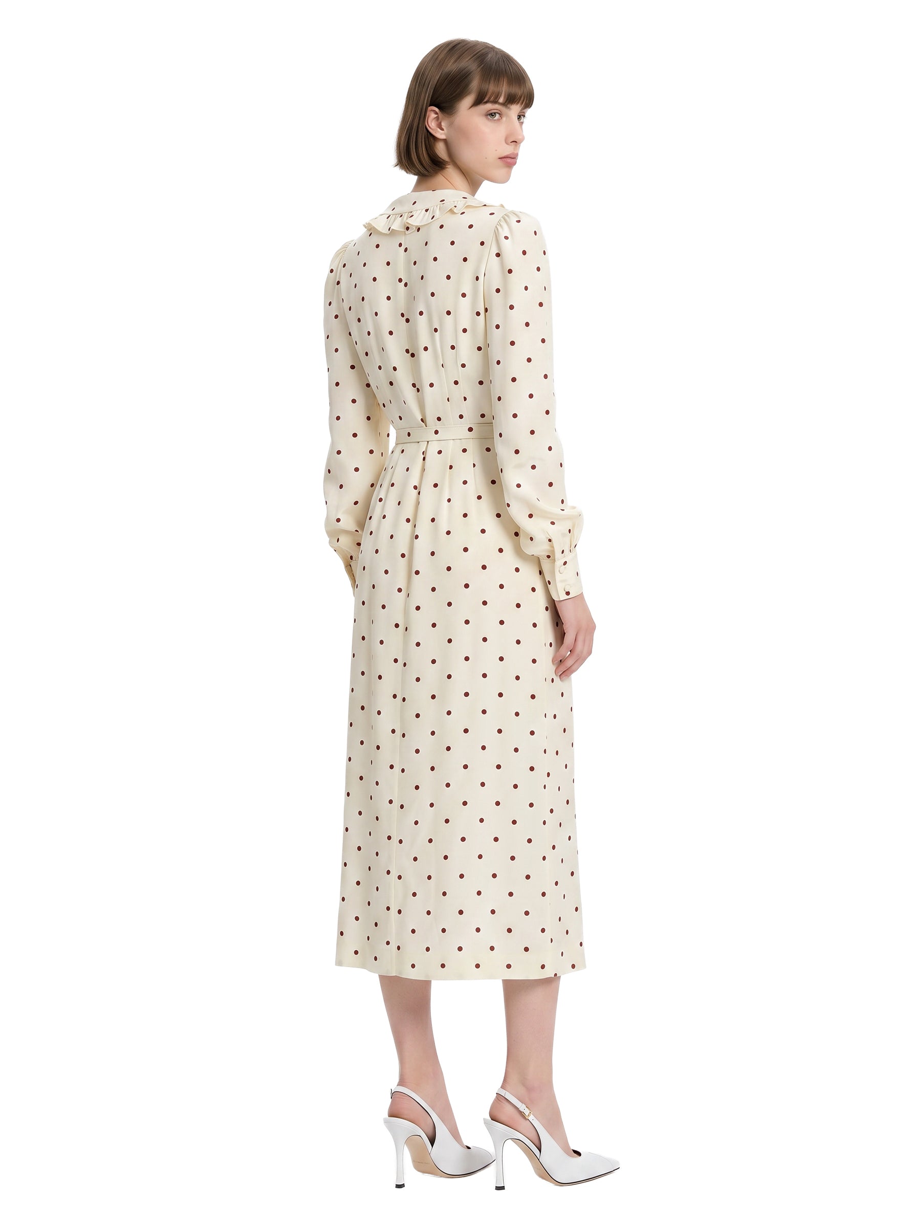 Abito midi in seta a pois con scollo a V in bianco e bordeaux 