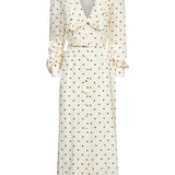 Abito midi in seta a pois con scollo a V in bianco e bordeaux 