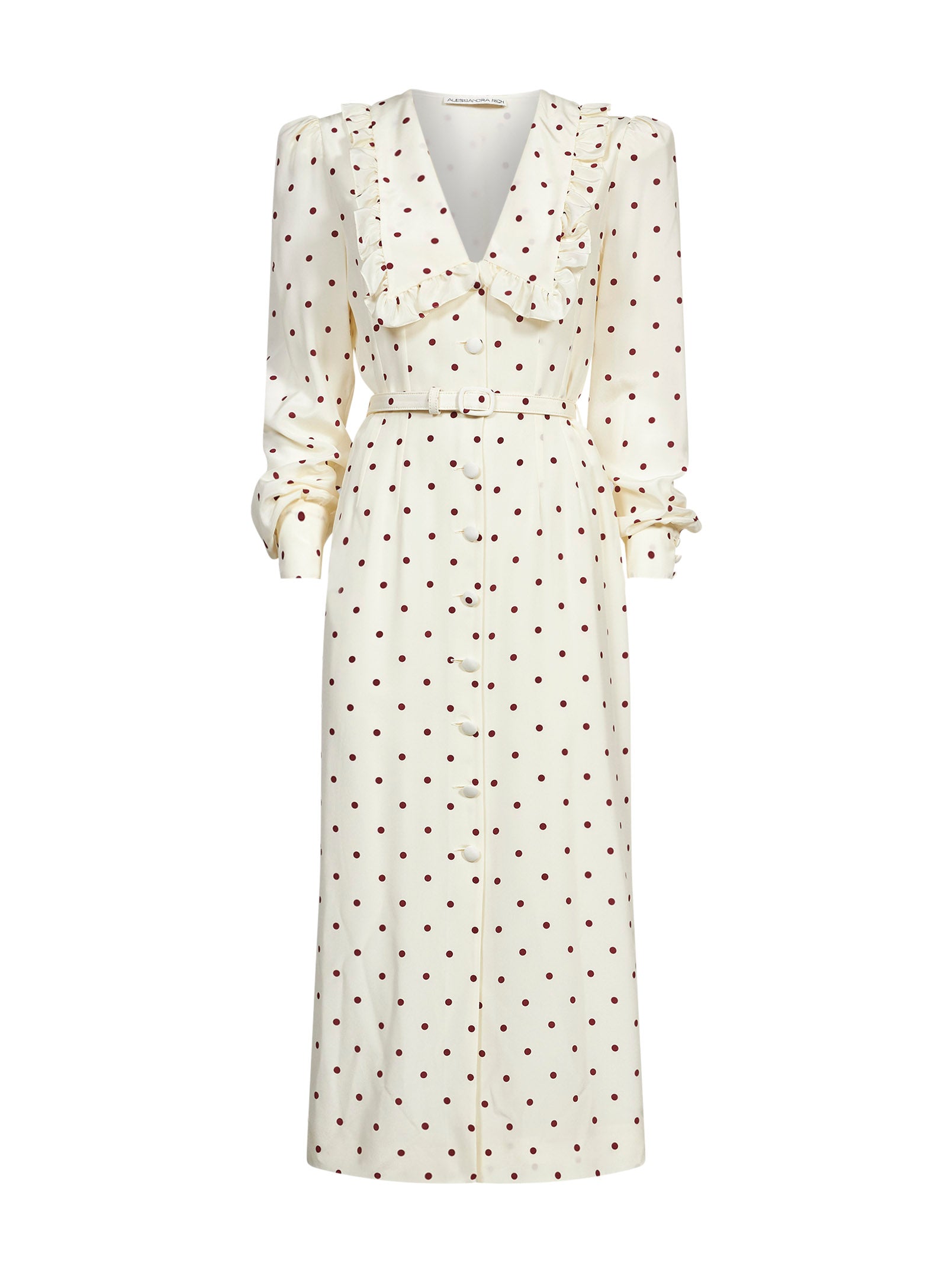 Abito midi in seta a pois con scollo a V in bianco e bordeaux 