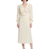 Abito midi in seta a pois con scollo a V in bianco e bordeaux 