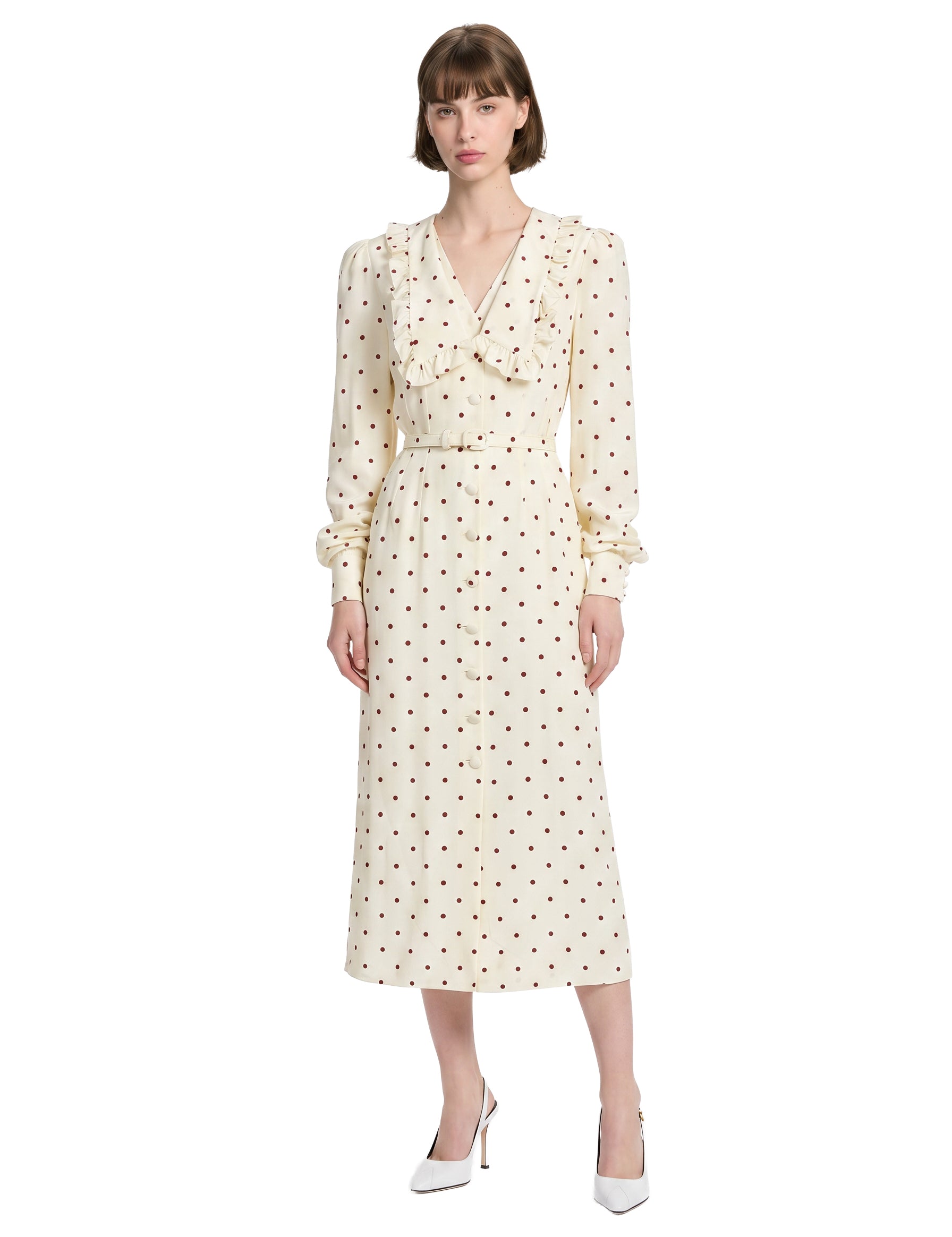 Abito midi in seta a pois con scollo a V in bianco e bordeaux 
