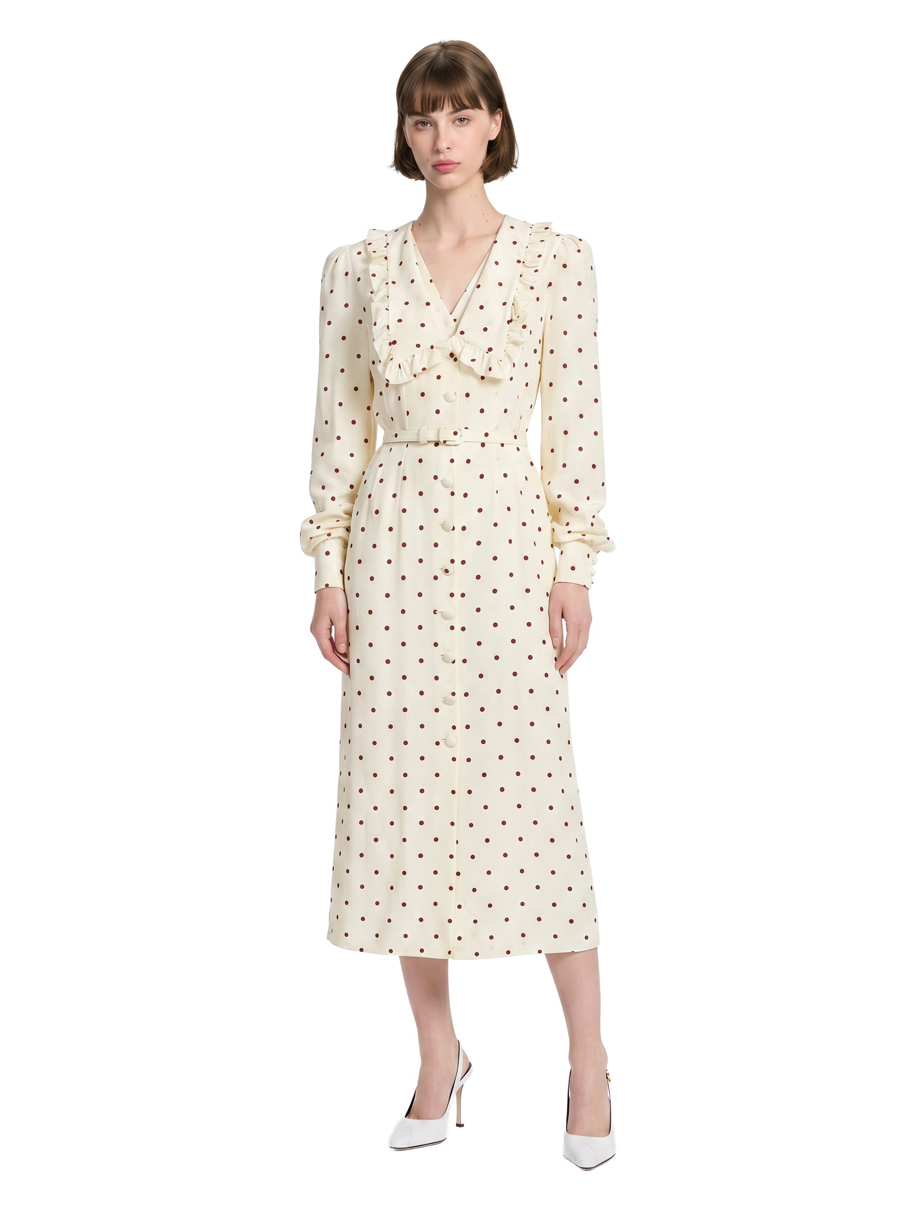 Abito midi in seta a pois con scollo a V in bianco e bordeaux 