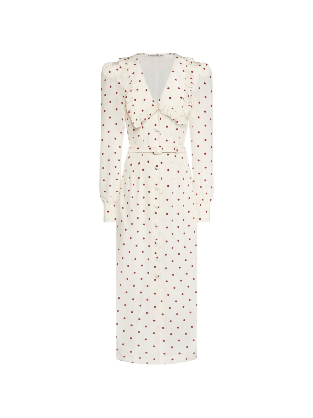 Abito midi in seta a pois con scollo a V in bianco e bordeaux 