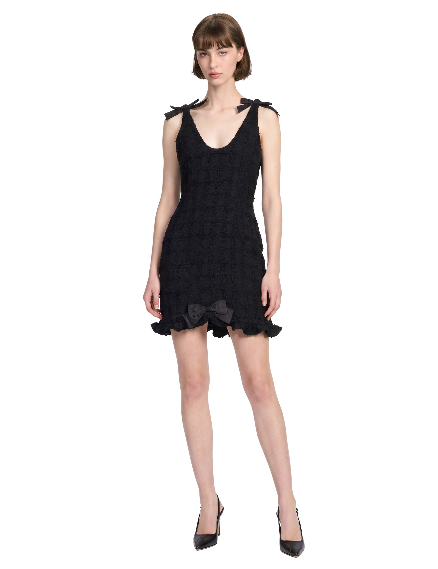 Miniabito bouclé con fiocchi in nero 