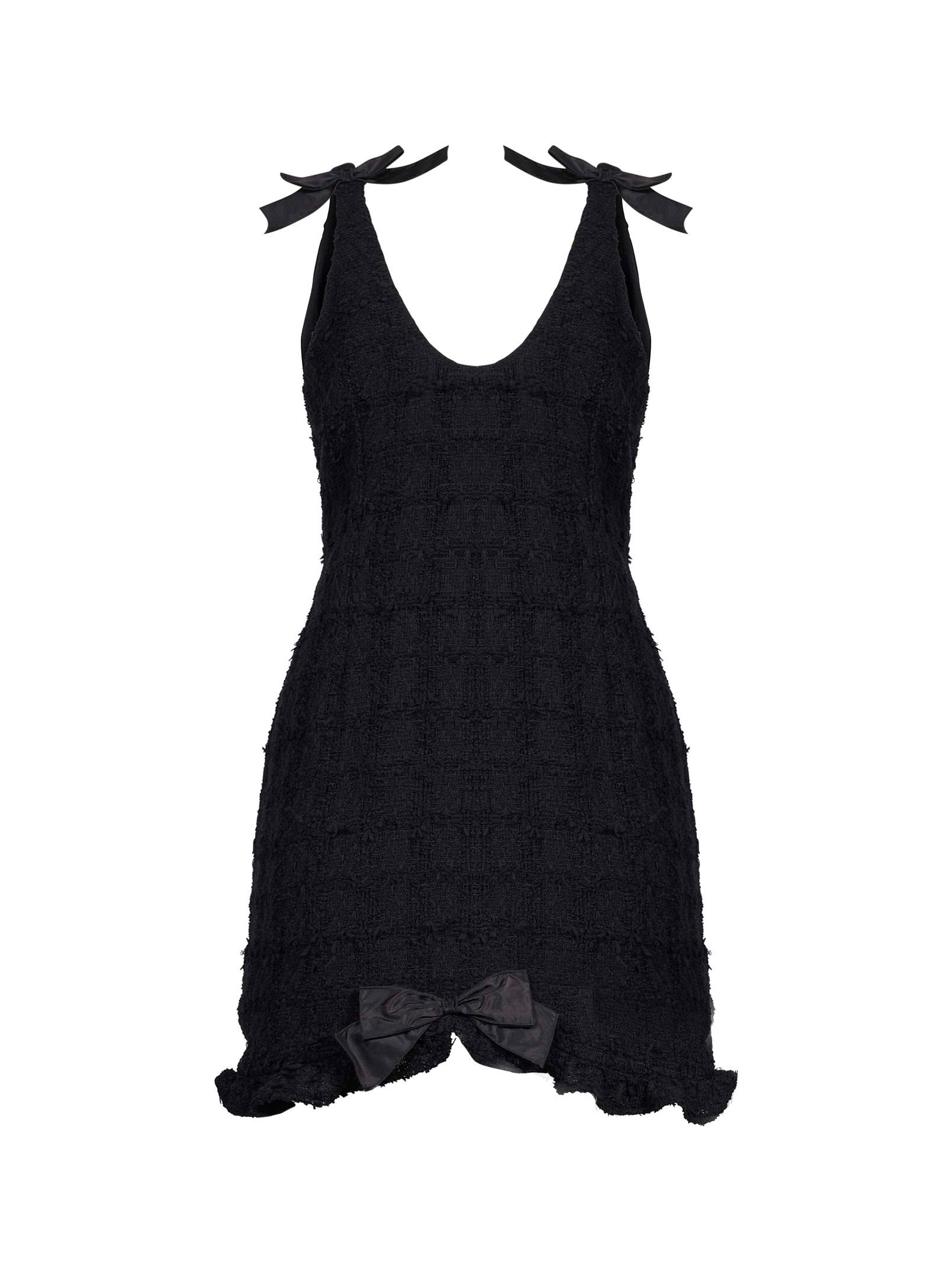 Miniabito bouclé con fiocchi in nero 
