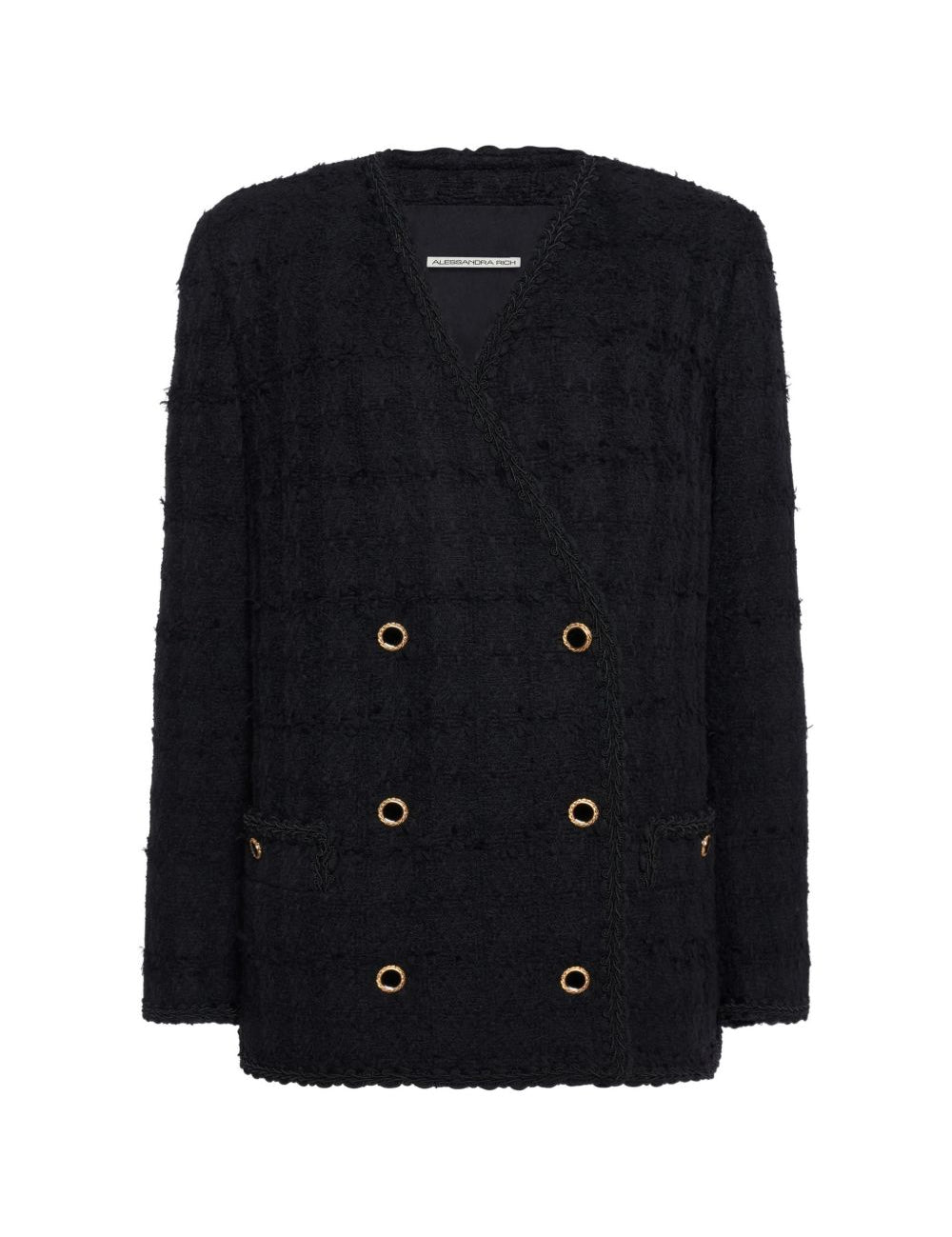 Giacca doppiopetto in tweed bouclé a quadri in nero 