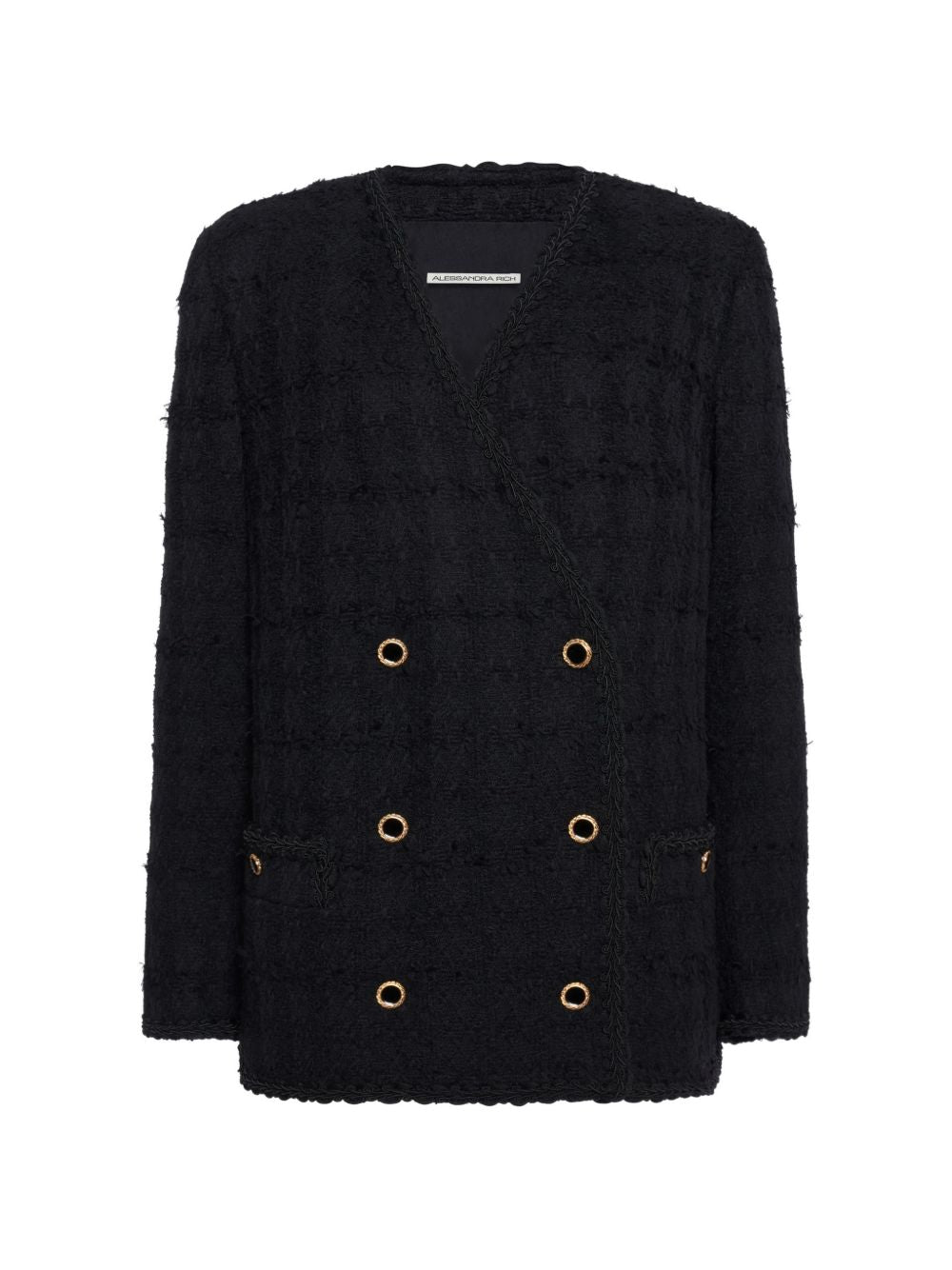 Giacca doppiopetto in tweed bouclé a quadri in nero 