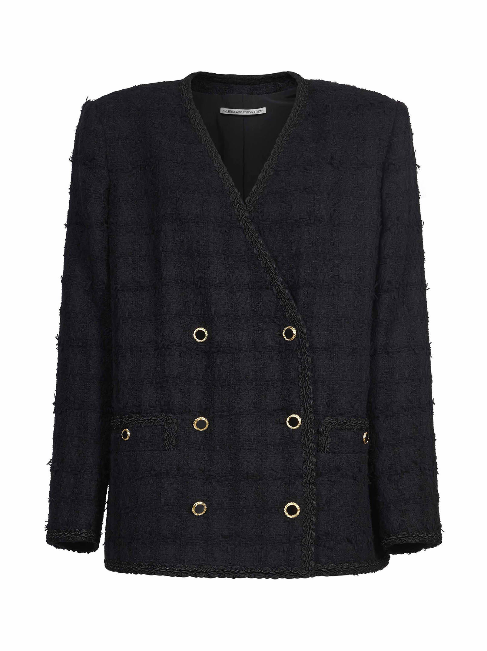 Giacca doppiopetto in tweed bouclé a quadri in nero 
