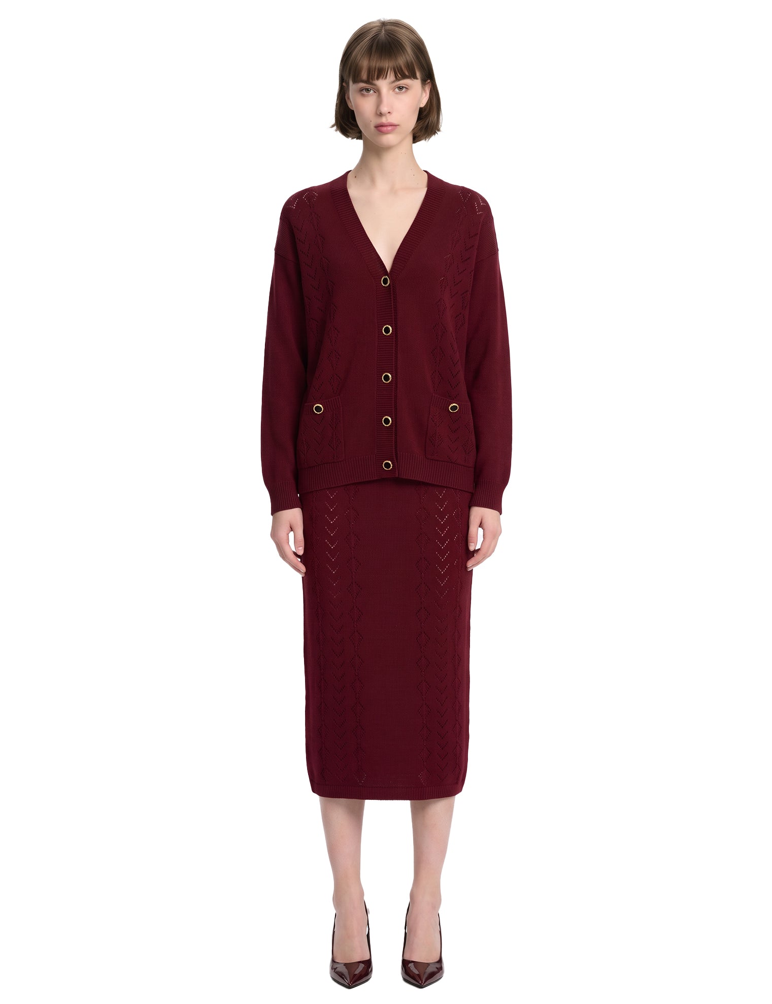 Cardigan in maglia traforata di lana merino bordeaux 