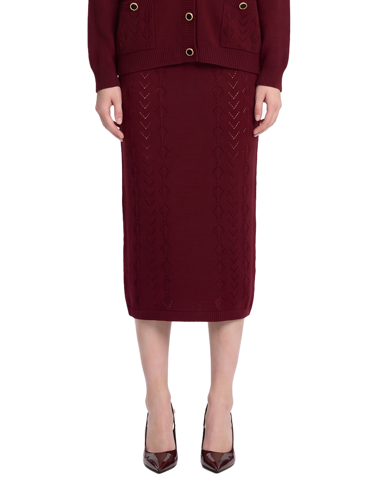 Cardigan in maglia traforata di lana merino bordeaux 
