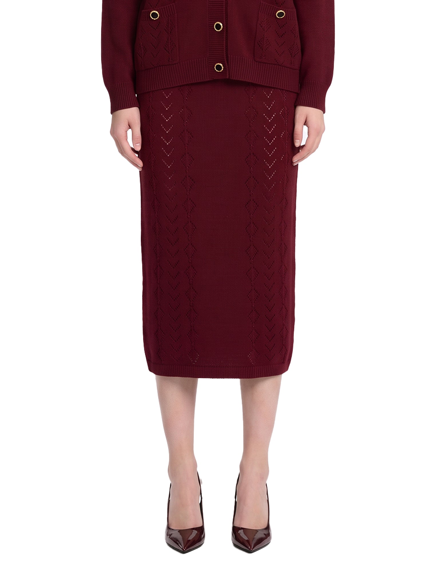 Cardigan in maglia traforata di lana merino bordeaux 