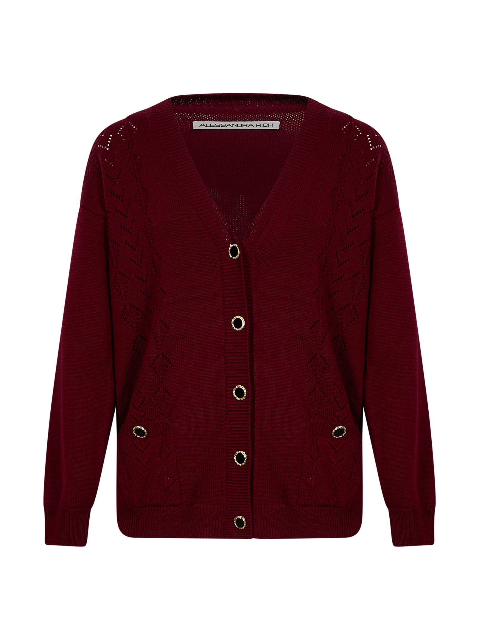 Cardigan in maglia traforata di lana merino bordeaux 
