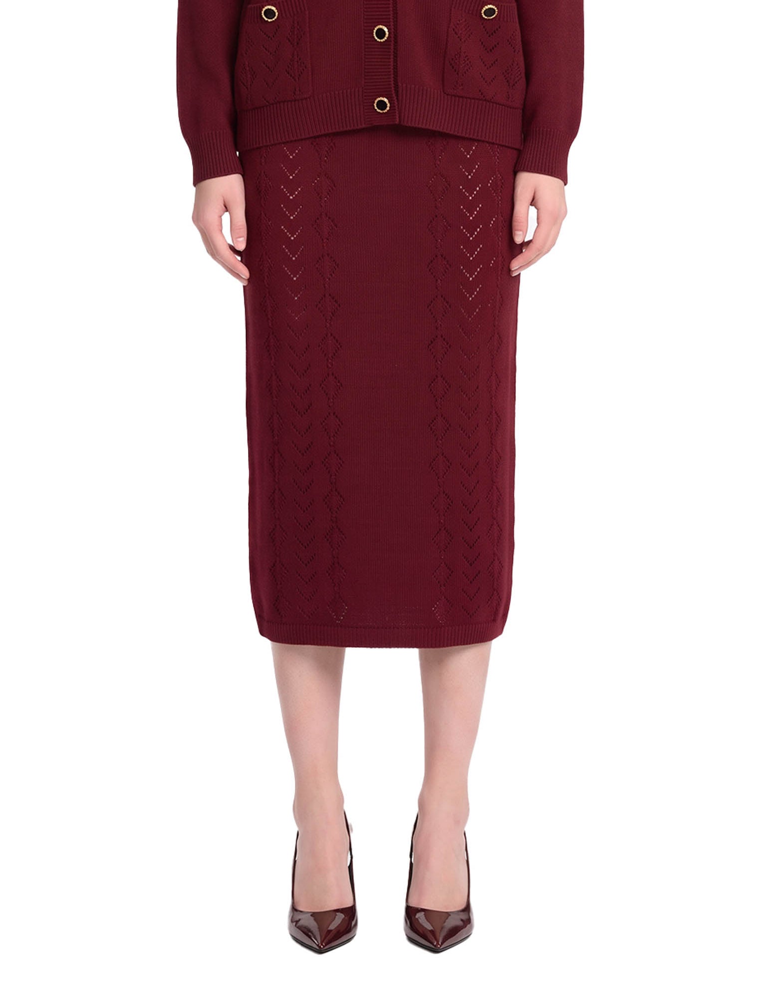 Gonna midi in maglia di lana merino bordeaux 