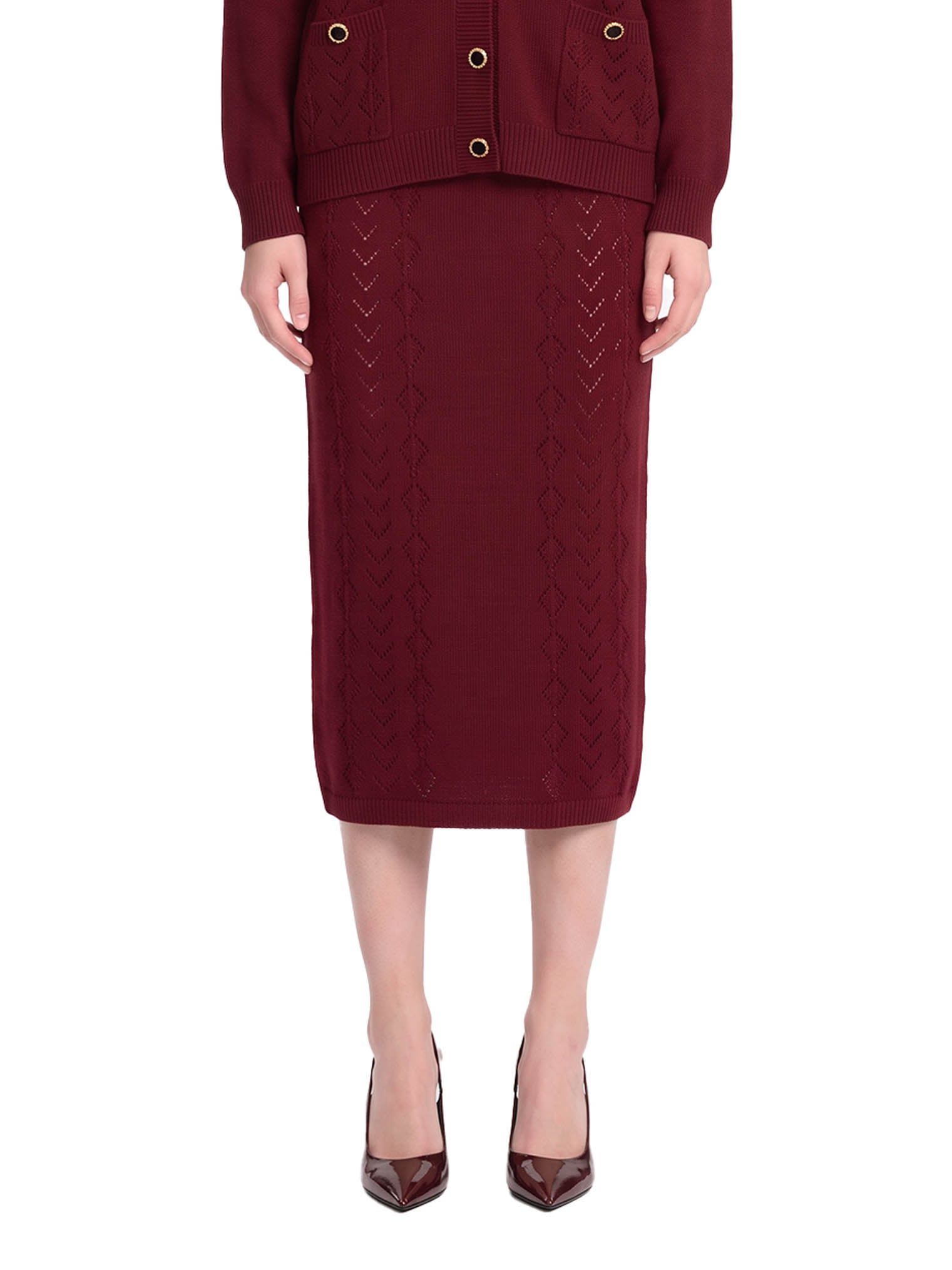 Gonna midi in maglia di lana merino bordeaux 