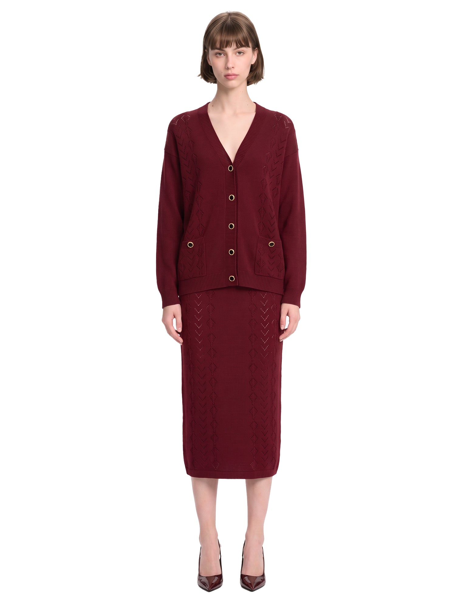Gonna midi in maglia di lana merino bordeaux 