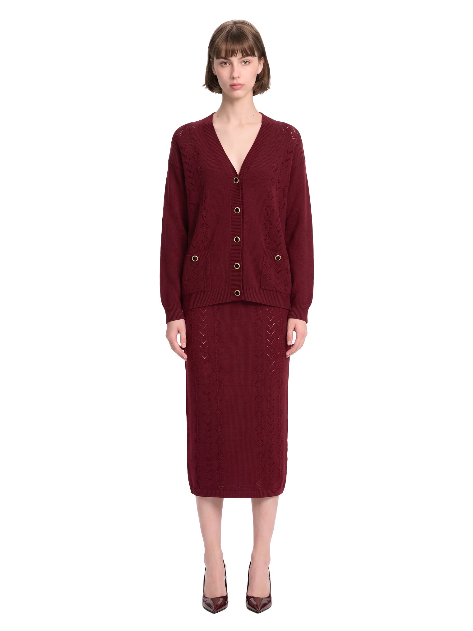 Gonna midi in maglia di lana merino bordeaux 