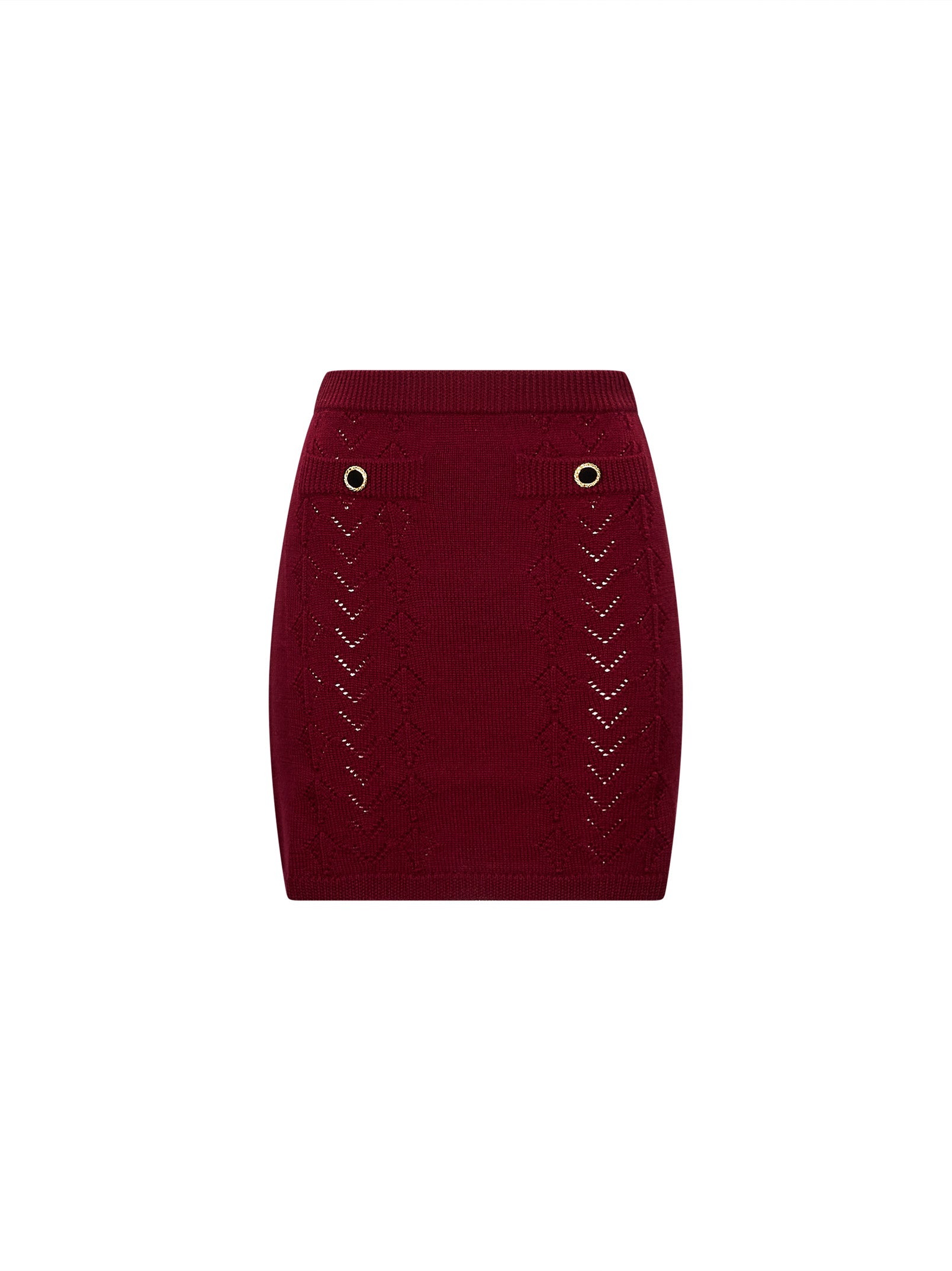 Minigonna in maglia traforata di lana merino bordeaux 