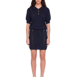 Minigonna in maglia traforata di lana merino blu 