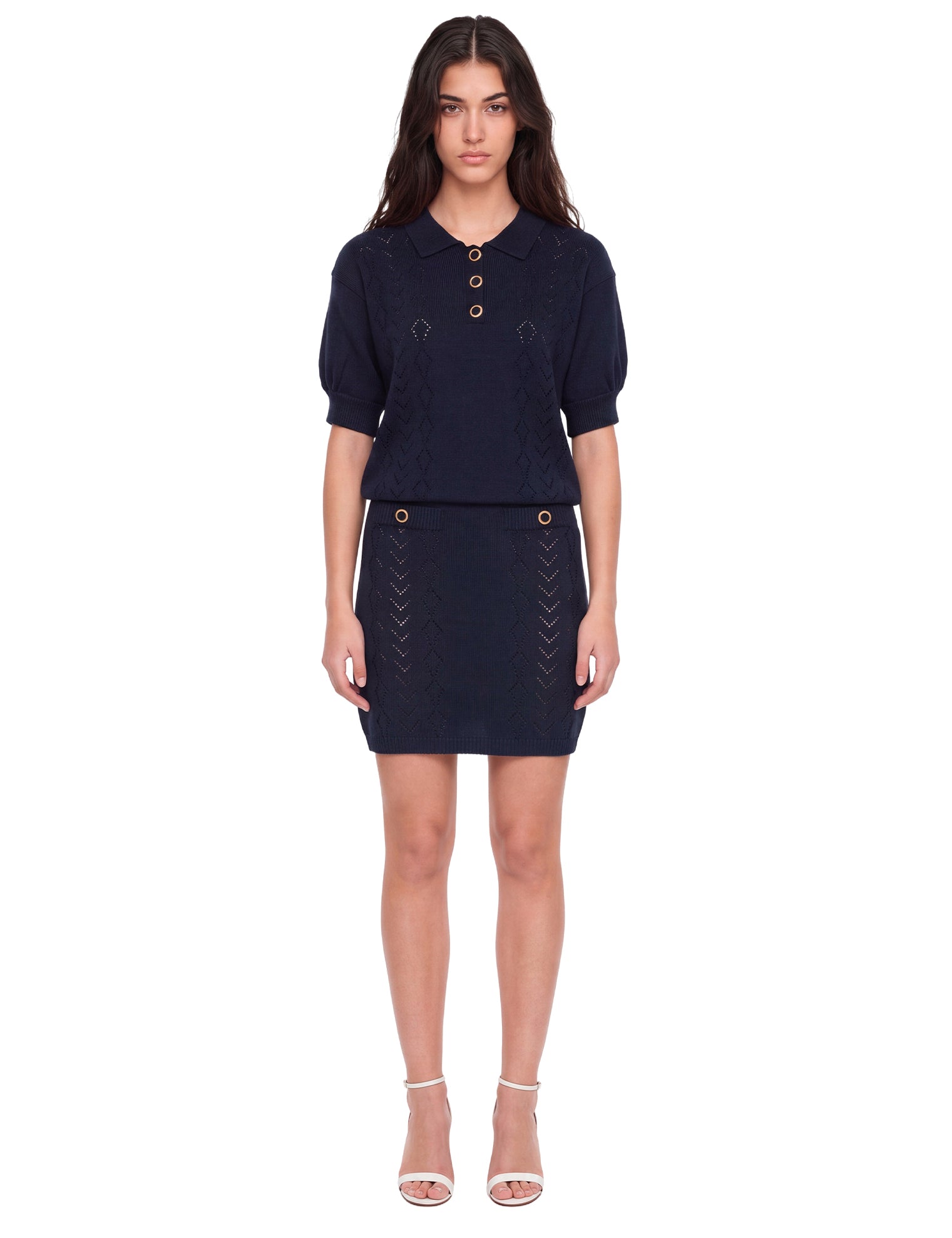 Minigonna in maglia traforata di lana merino blu 
