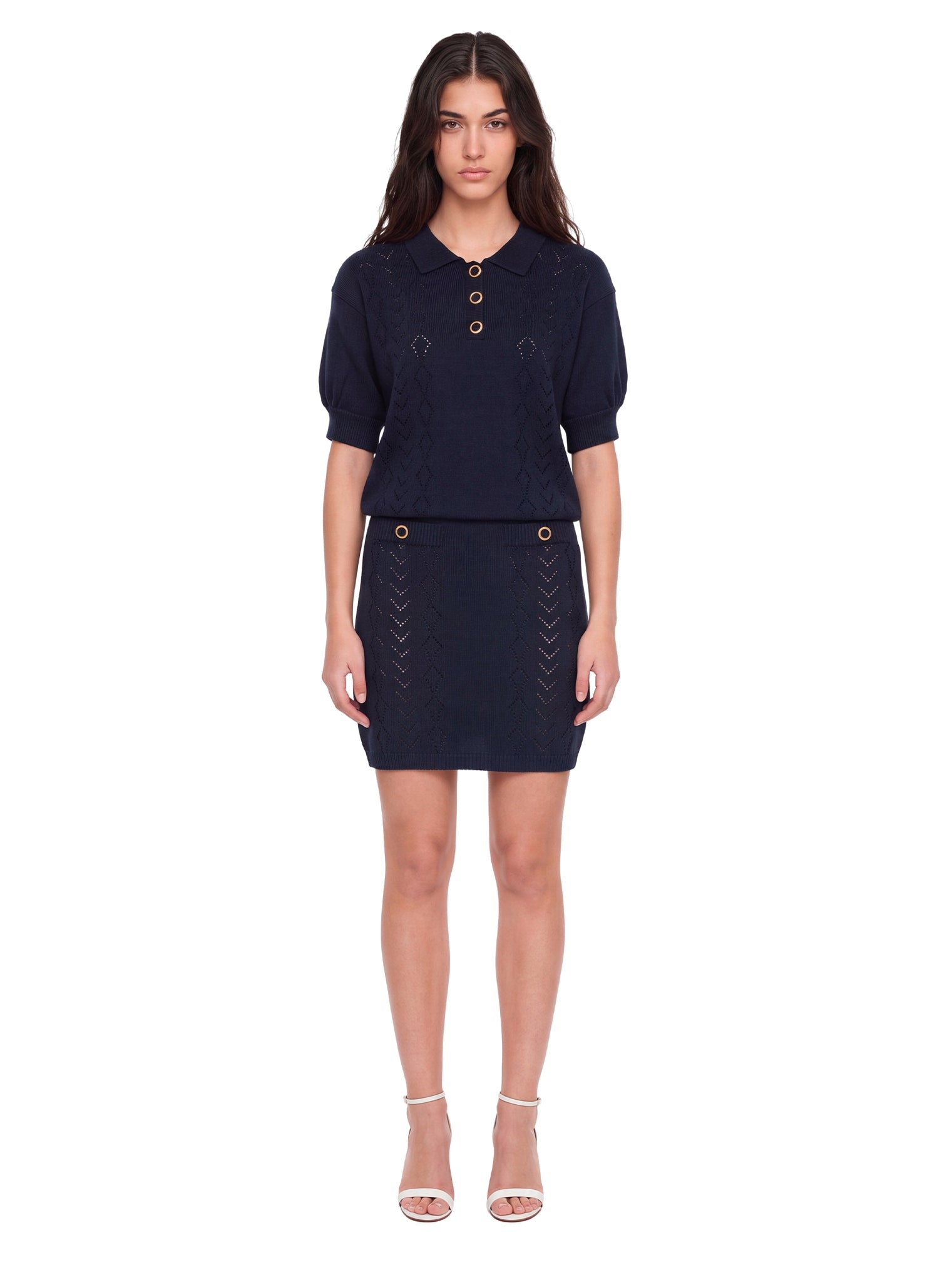 Minigonna in maglia traforata di lana merino blu 