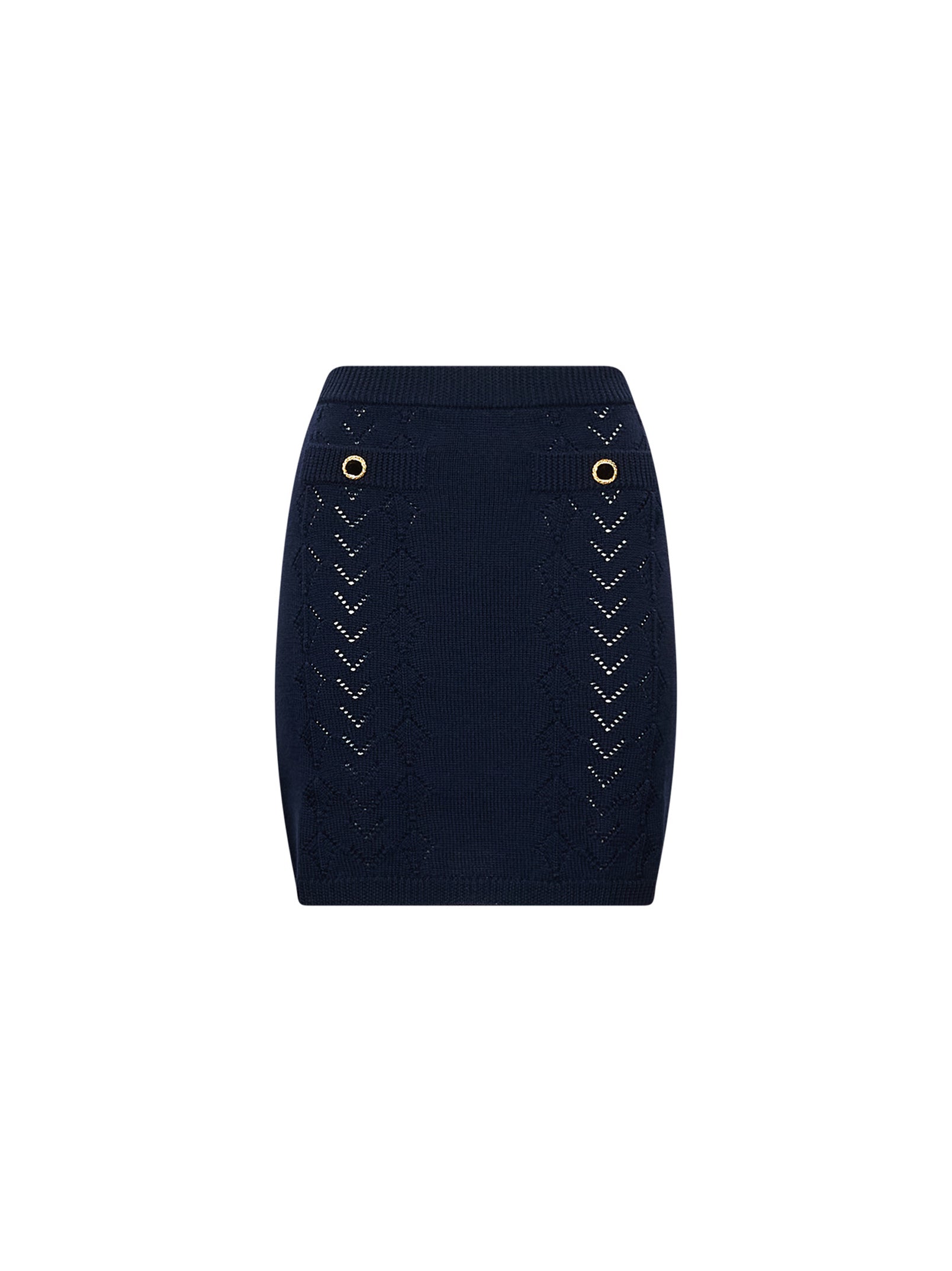 Minigonna in maglia traforata di lana merino blu 