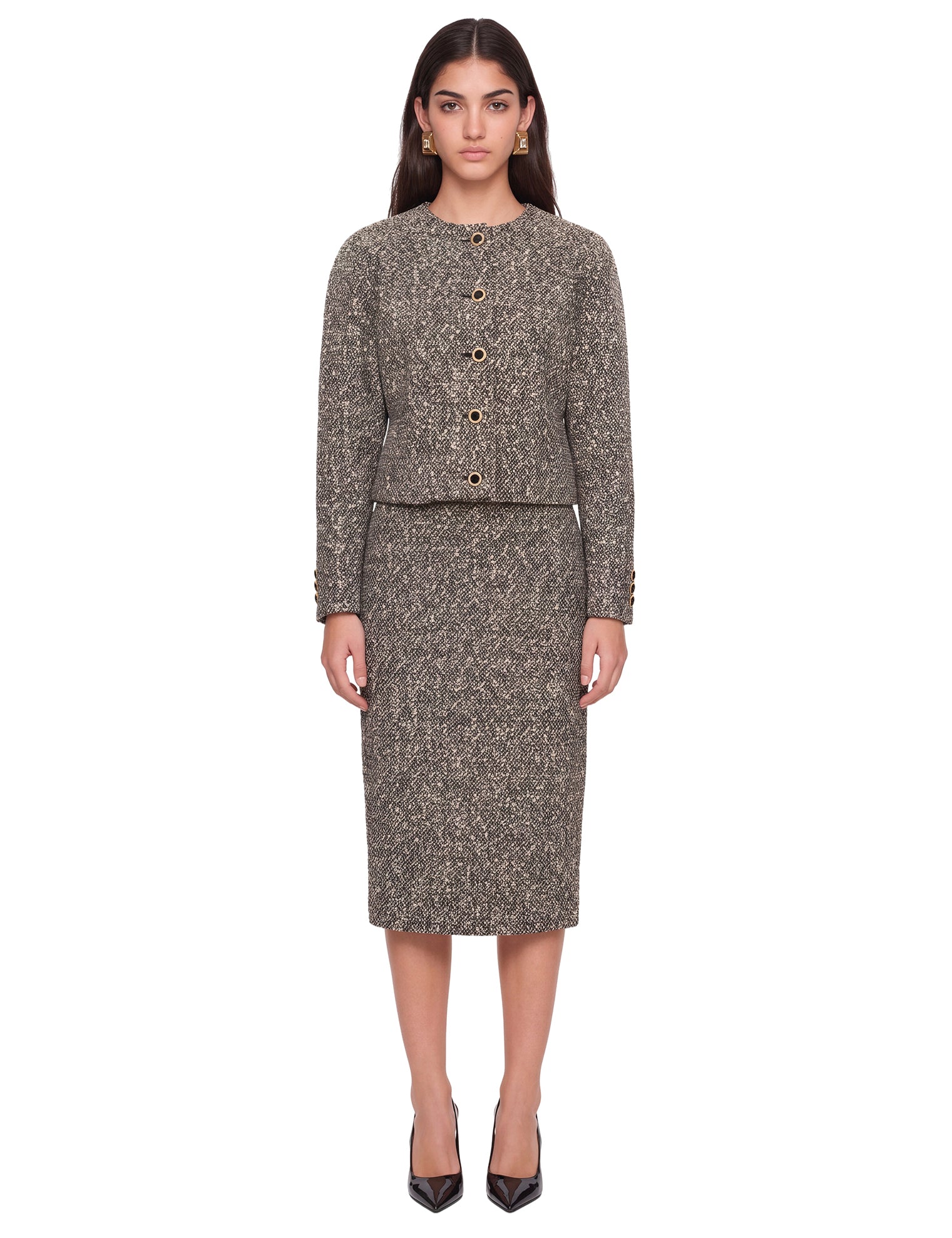 Gonna a tubino in tweed melange in grigio 