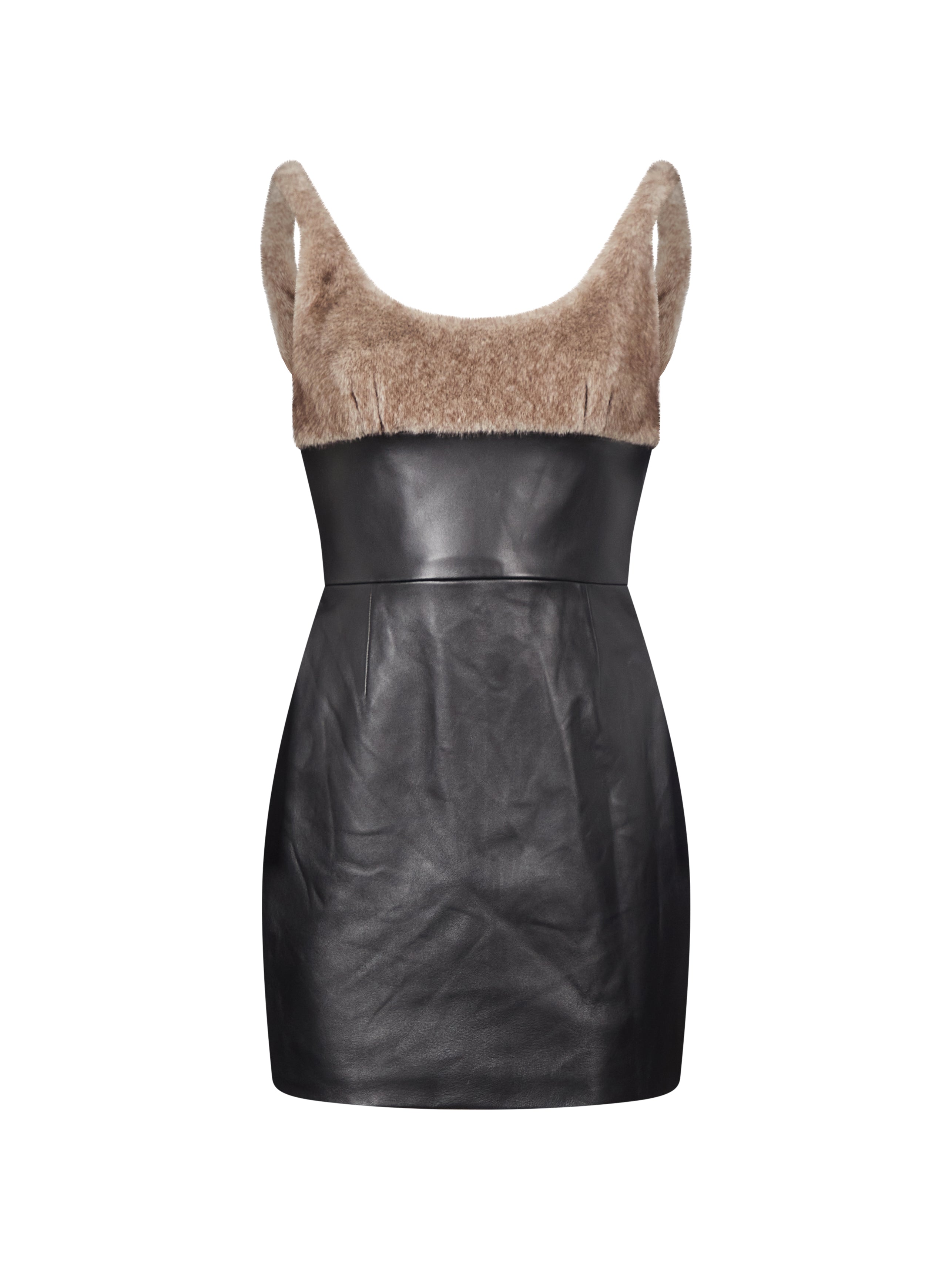 Abito in pelle con eco pelliccia in nero 