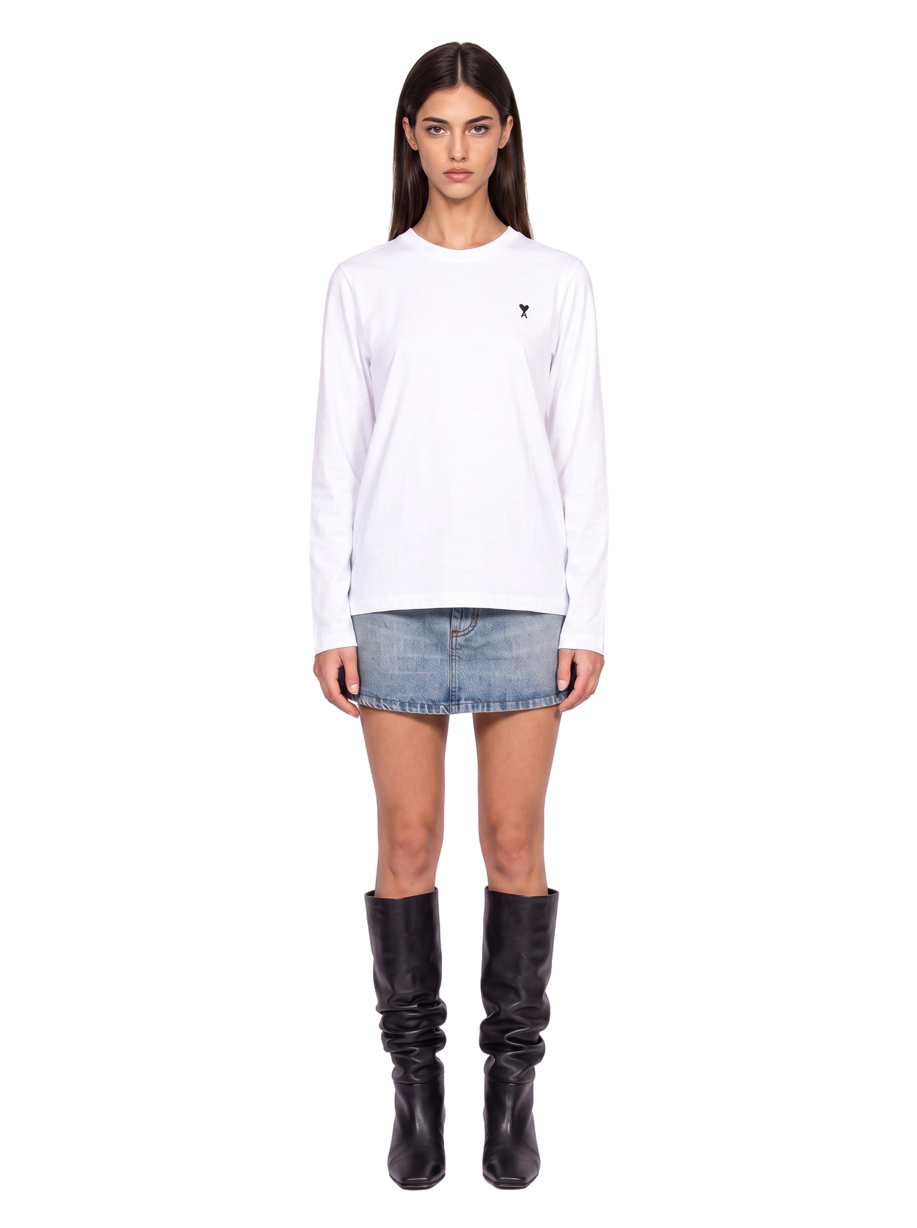 T-shirt a manica lunga con ricamo in bianco 