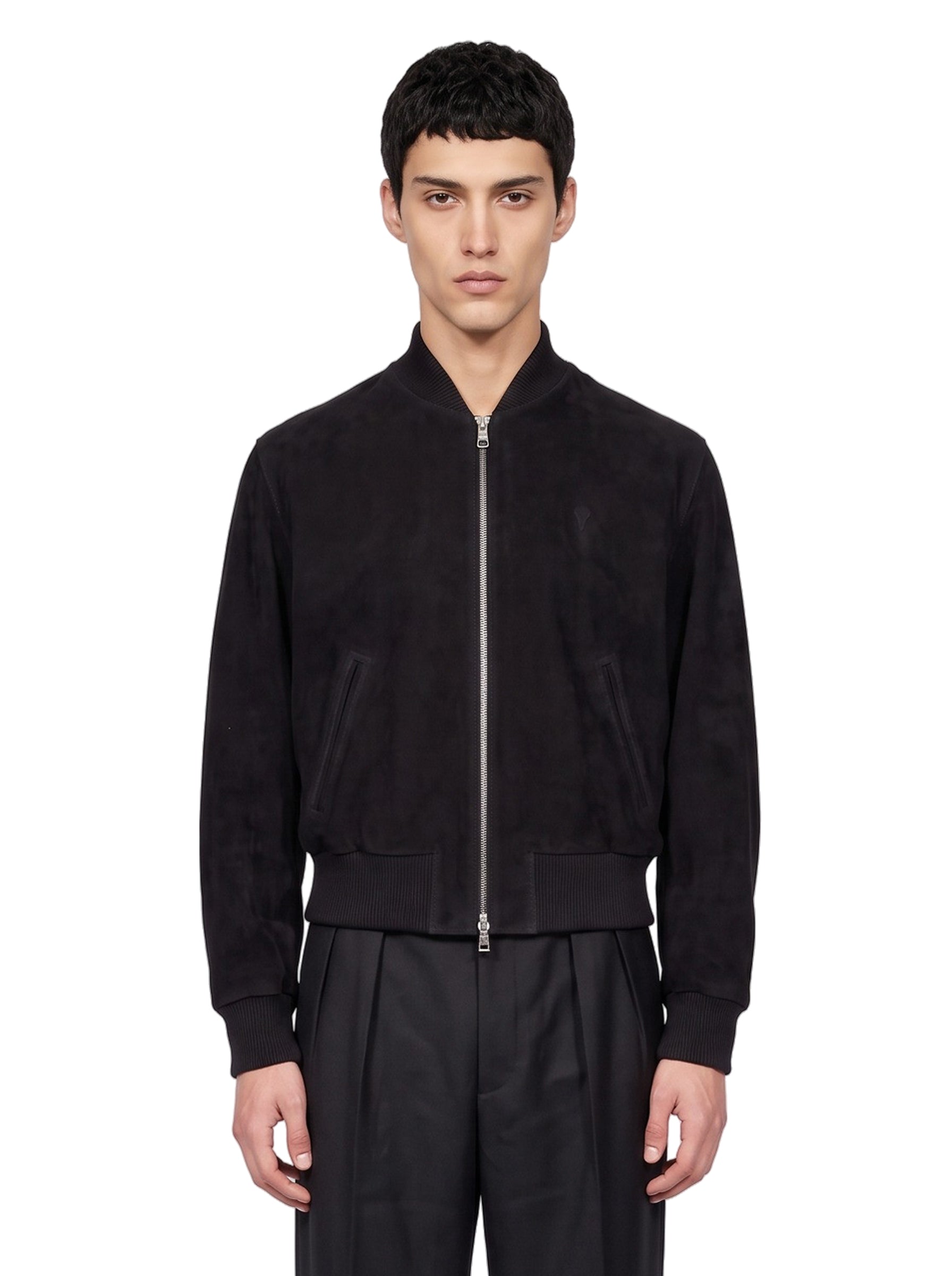 Giacca con zip in pelle scamosciata nera 