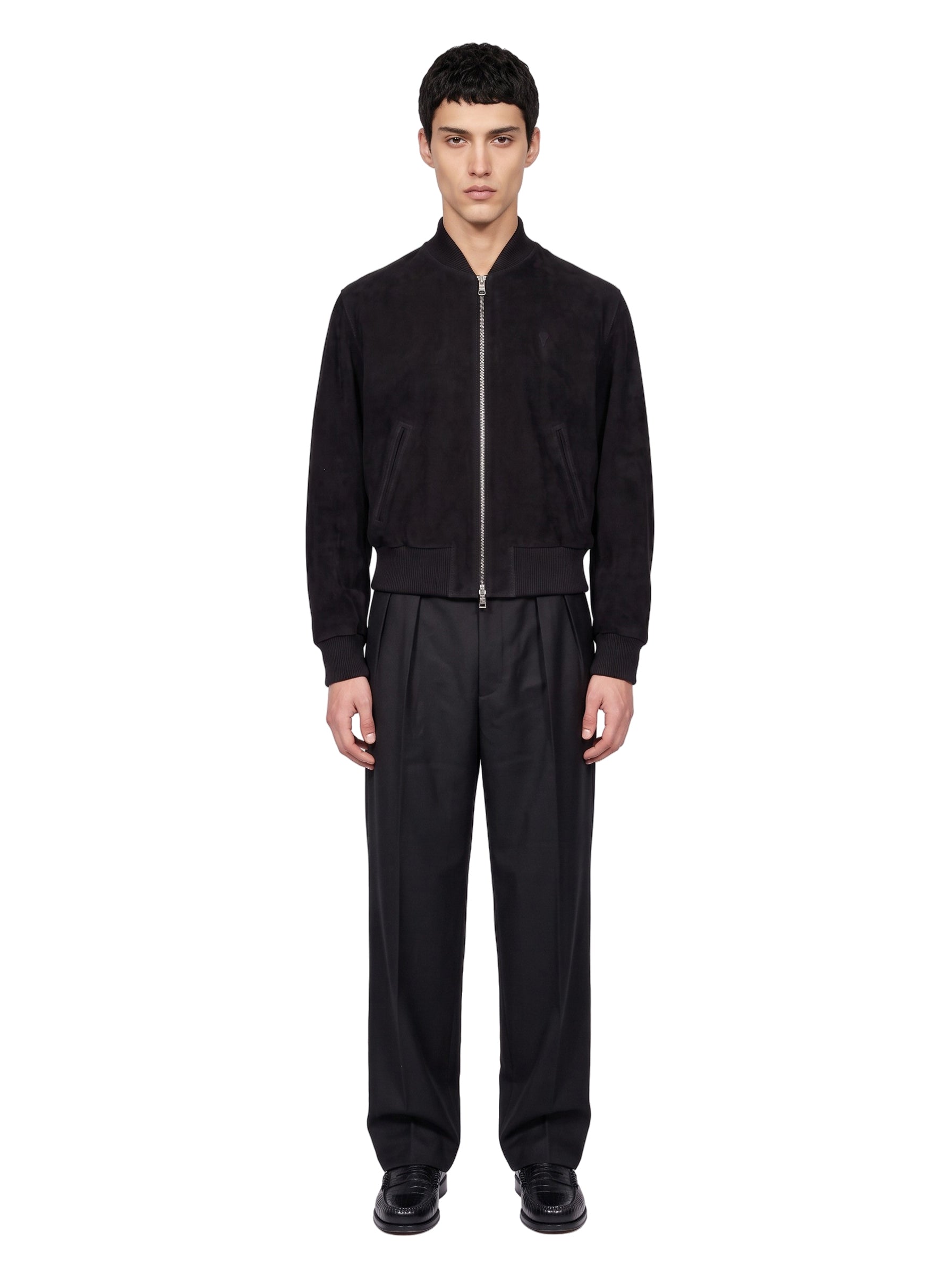 Giacca con zip in pelle scamosciata nera 