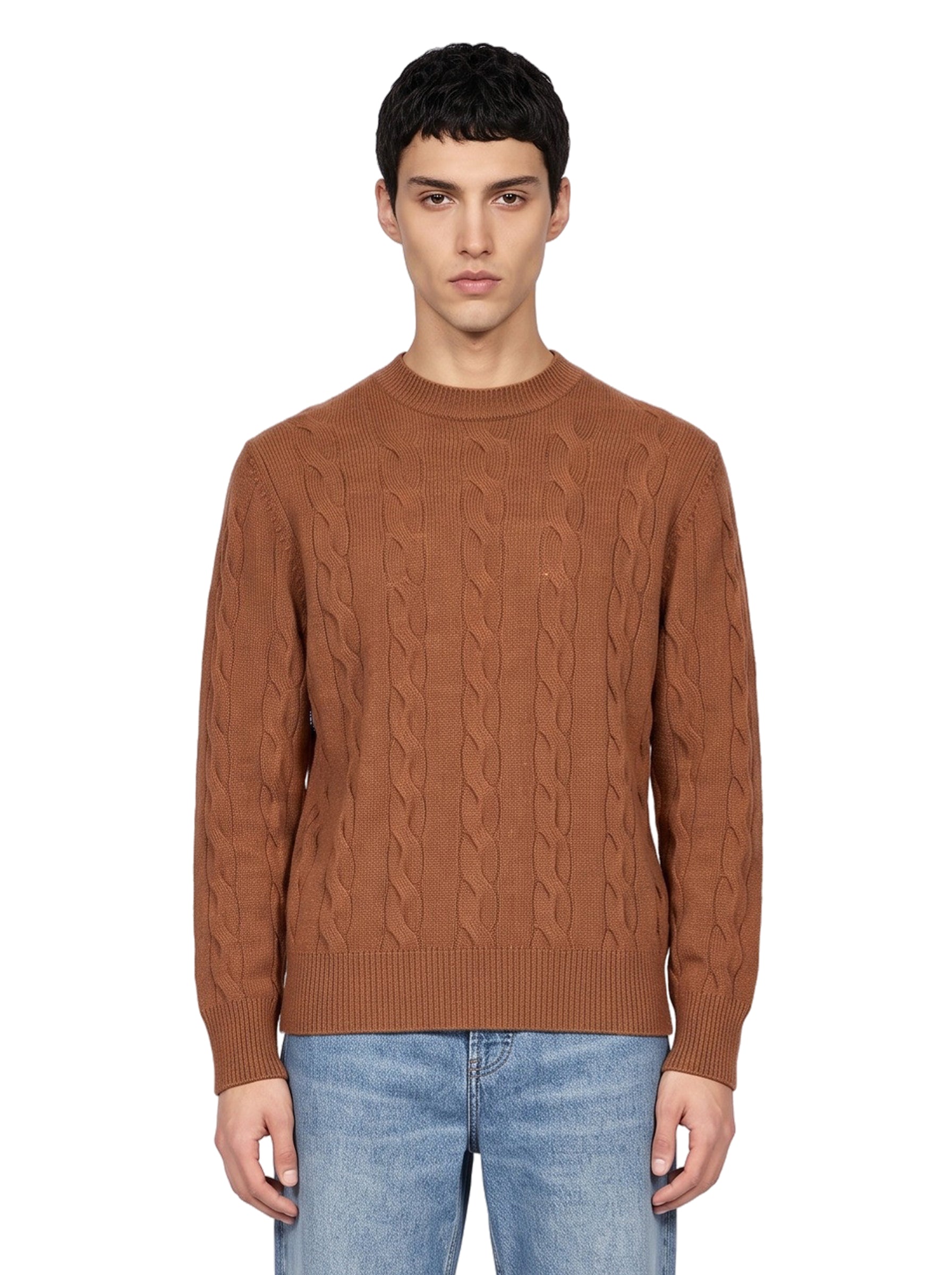 Maglione girocollo con trecce in marrone 