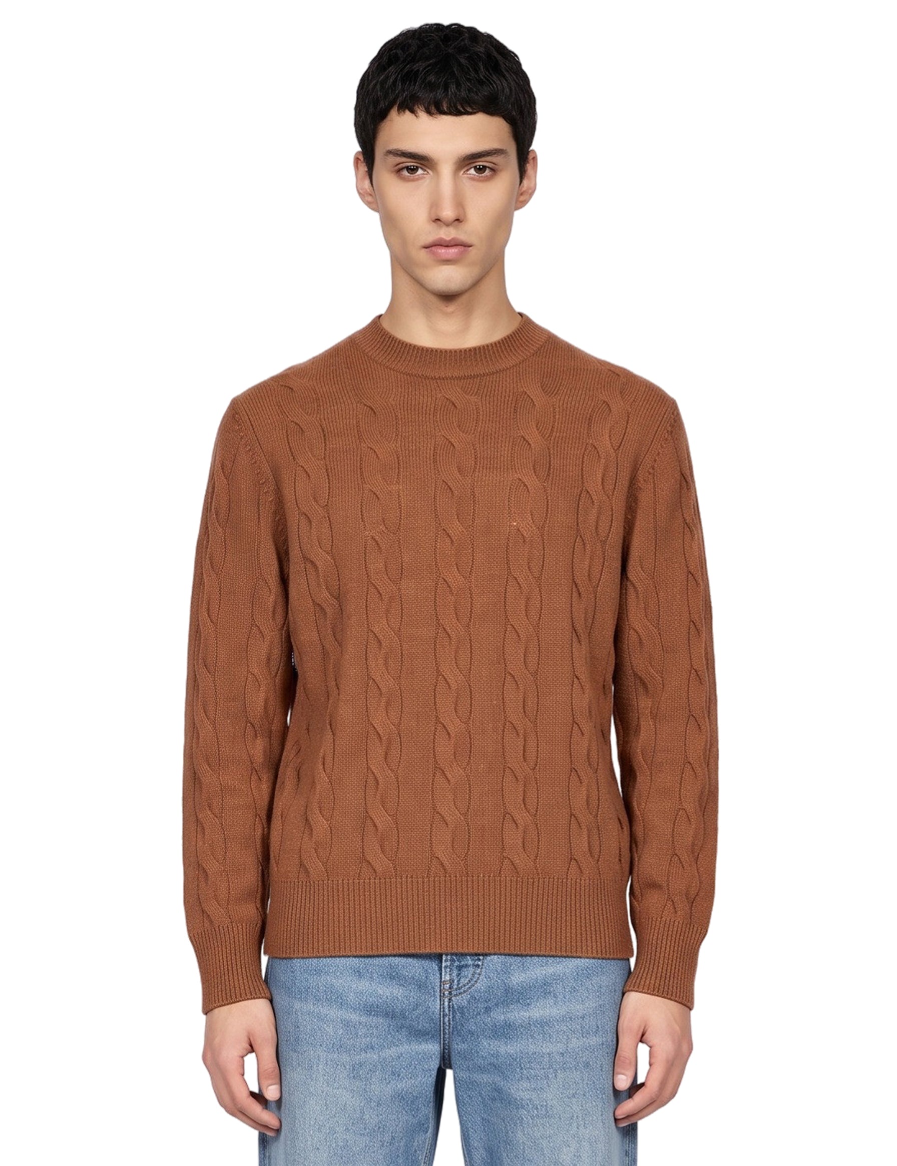 Maglione girocollo con trecce in marrone 