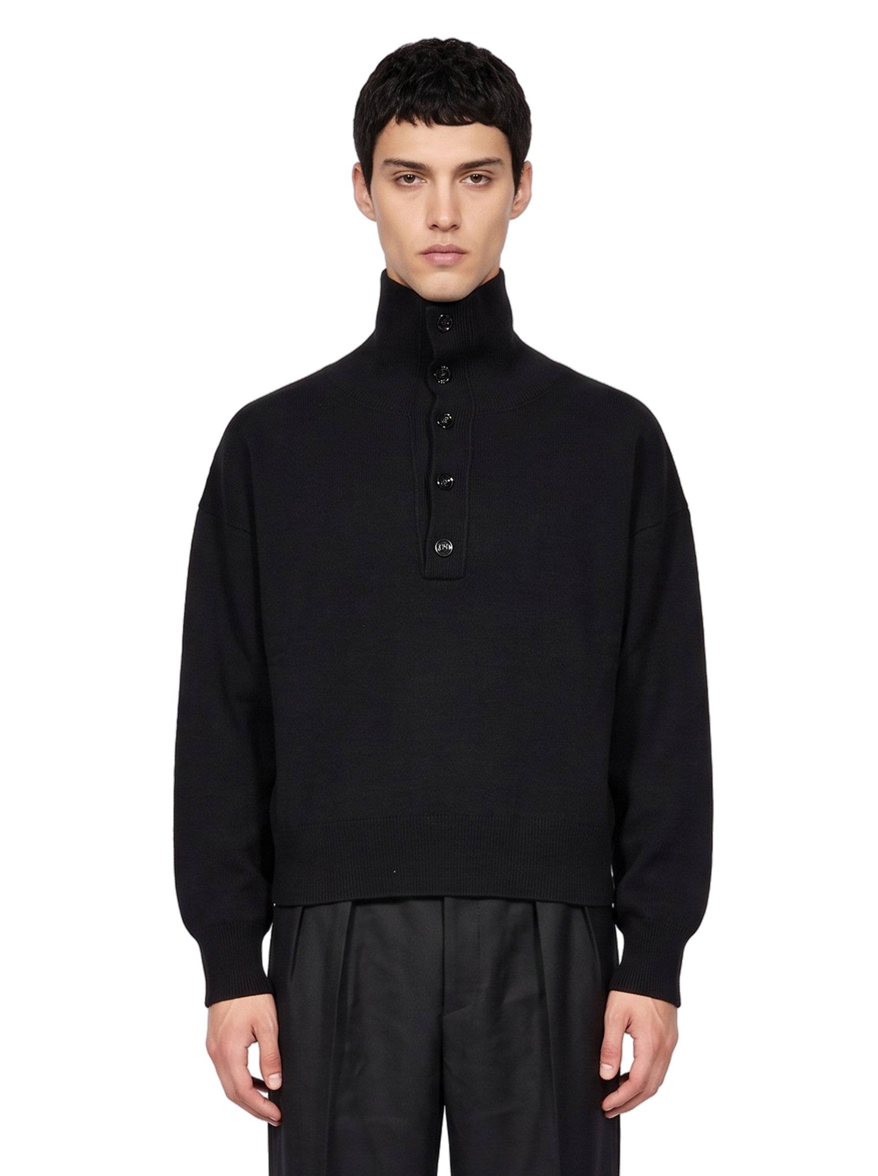 Maglione collo alto con bottoni in lana nero 